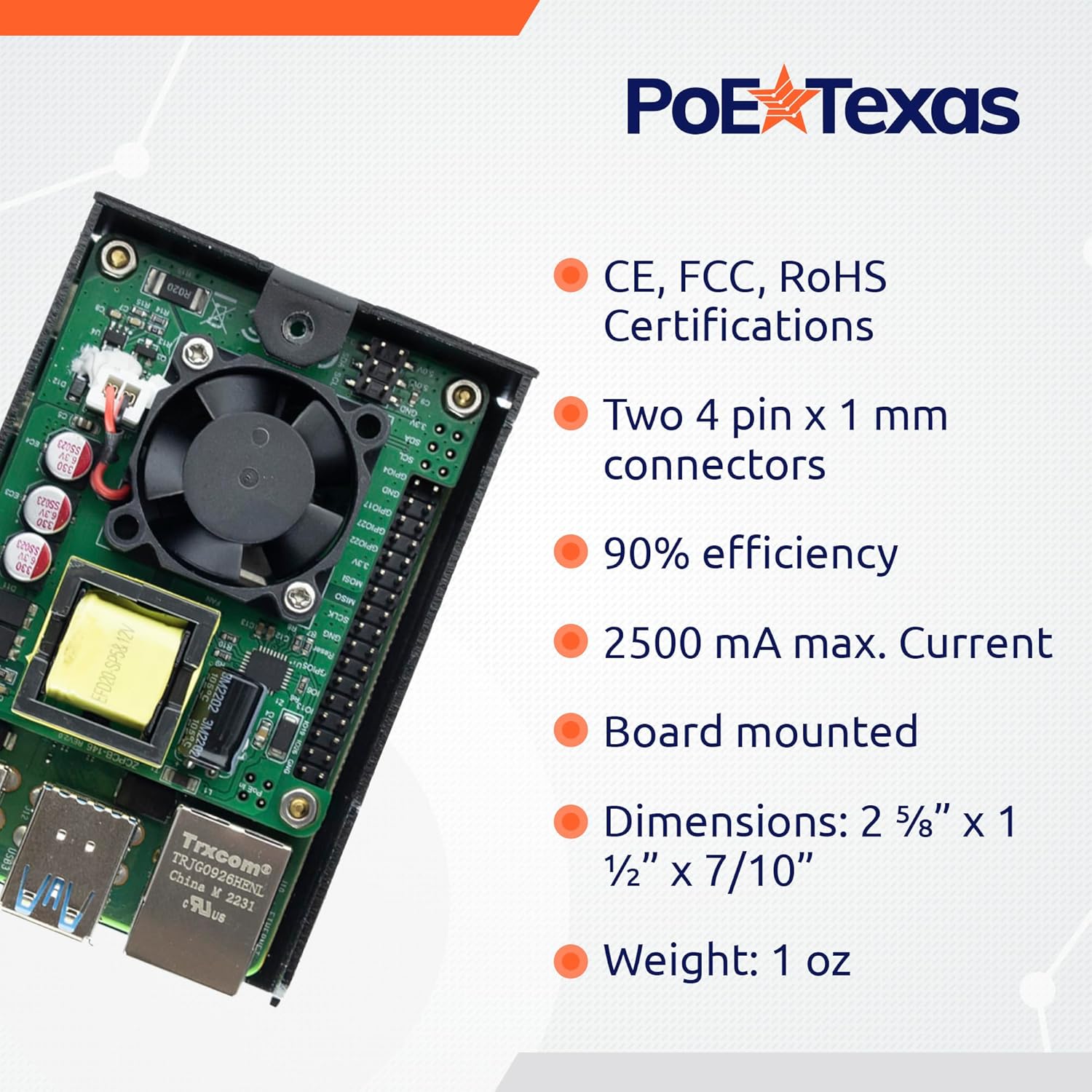 PoE Texas Splitter Power Over Ethernet (PoE) HAT for Raspberry Pi 4 and 3B+ and 802.3at PoE+ Network