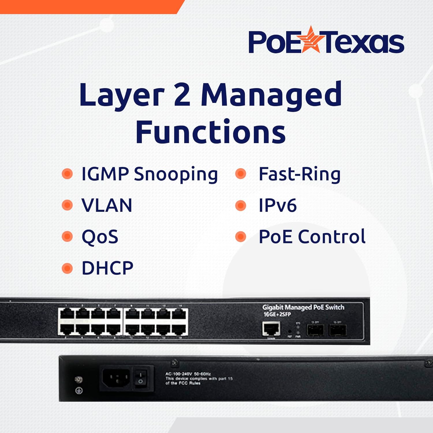 POE Texas Switch 16-Port Gigabit Layer 2 Managed PoE+ (IEEE 802.3at) Switch