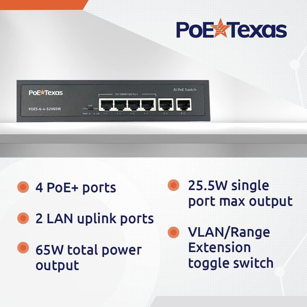 PoE Texas Switch 4-Port Gigabit 802.3af/at PoE Switch for Video, Tablet & Security Applications