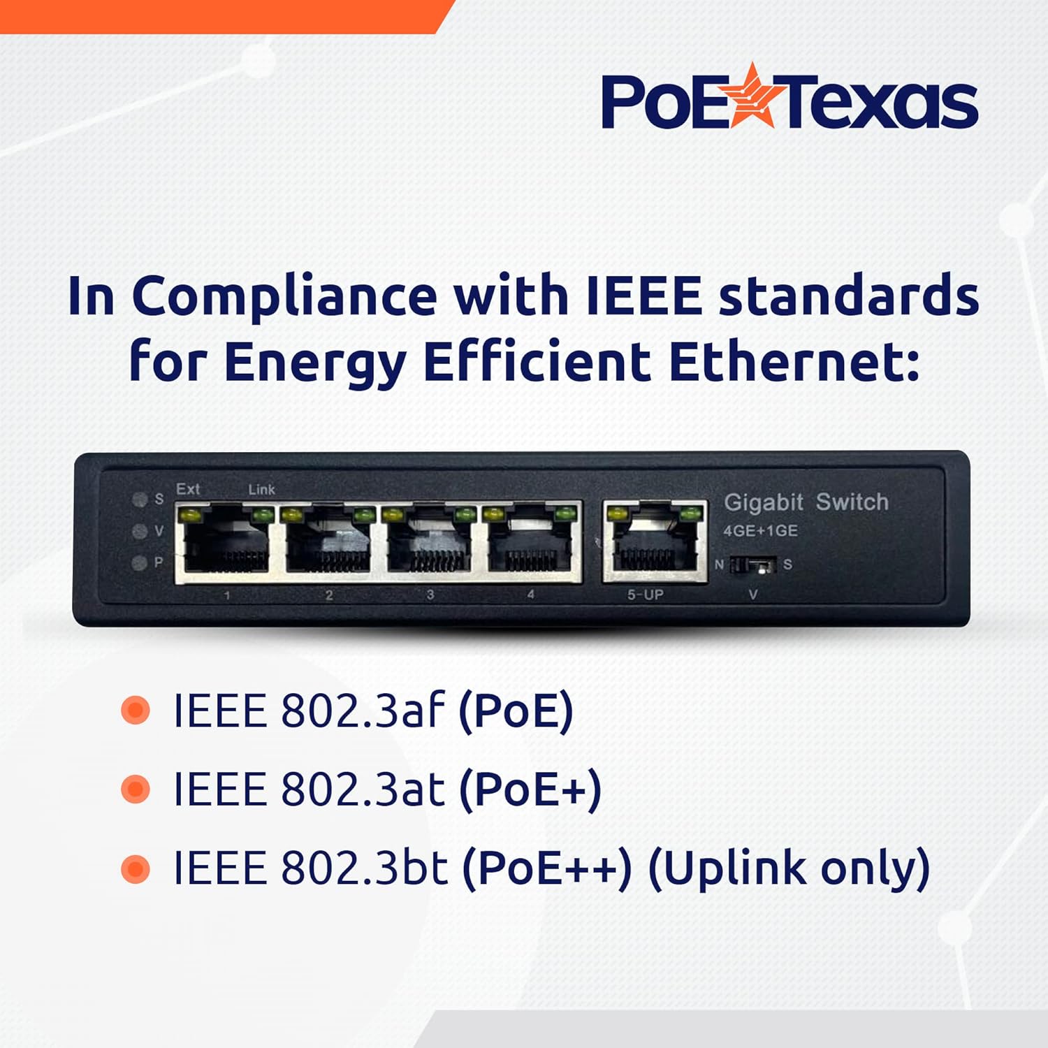 PoE Texas Switch 4 Port Gigabit PoE Extender with IEEE 802.3bt Uplink Power
