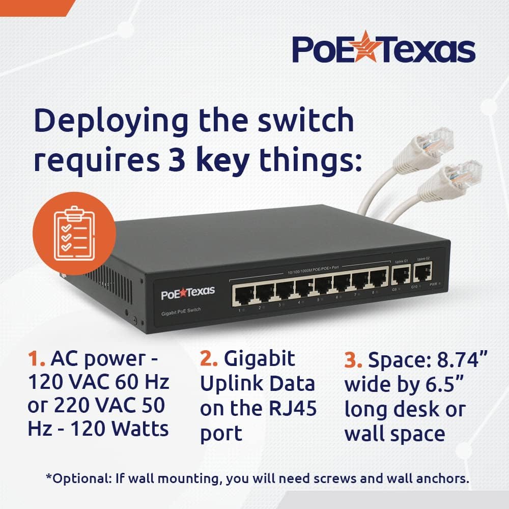 PoE Texas Switch 8-Port Gigabit 802.3af/at PoE Switch for Video, Tablet & Security Applications