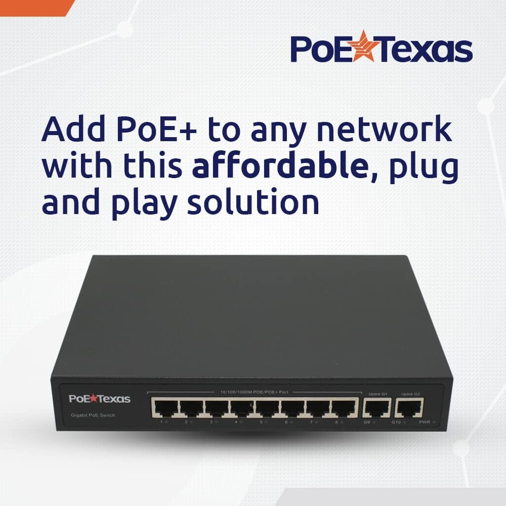 PoE Texas Switch 8-Port Gigabit 802.3af/at PoE Switch for Video, Tablet & Security Applications