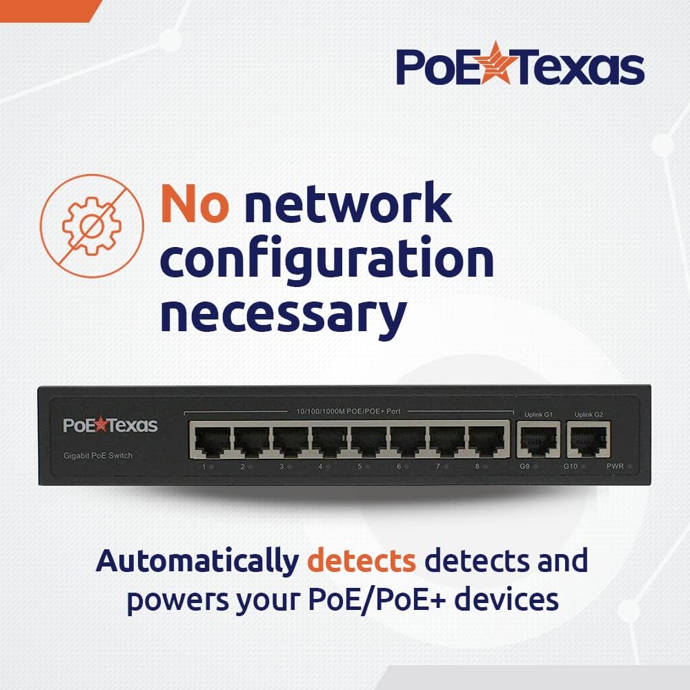 PoE Texas Switch 8-Port Gigabit 802.3af/at PoE Switch for Video, Tablet & Security Applications