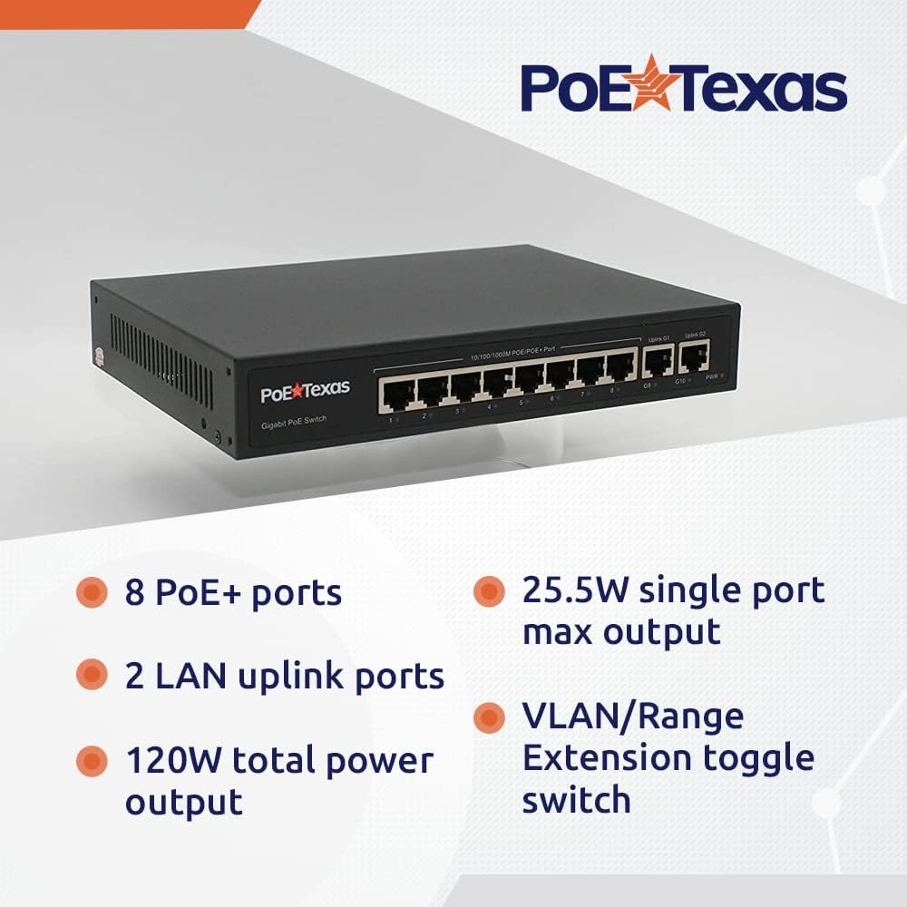 PoE Texas Switch 8-Port Gigabit 802.3af/at PoE Switch for Video, Tablet & Security Applications