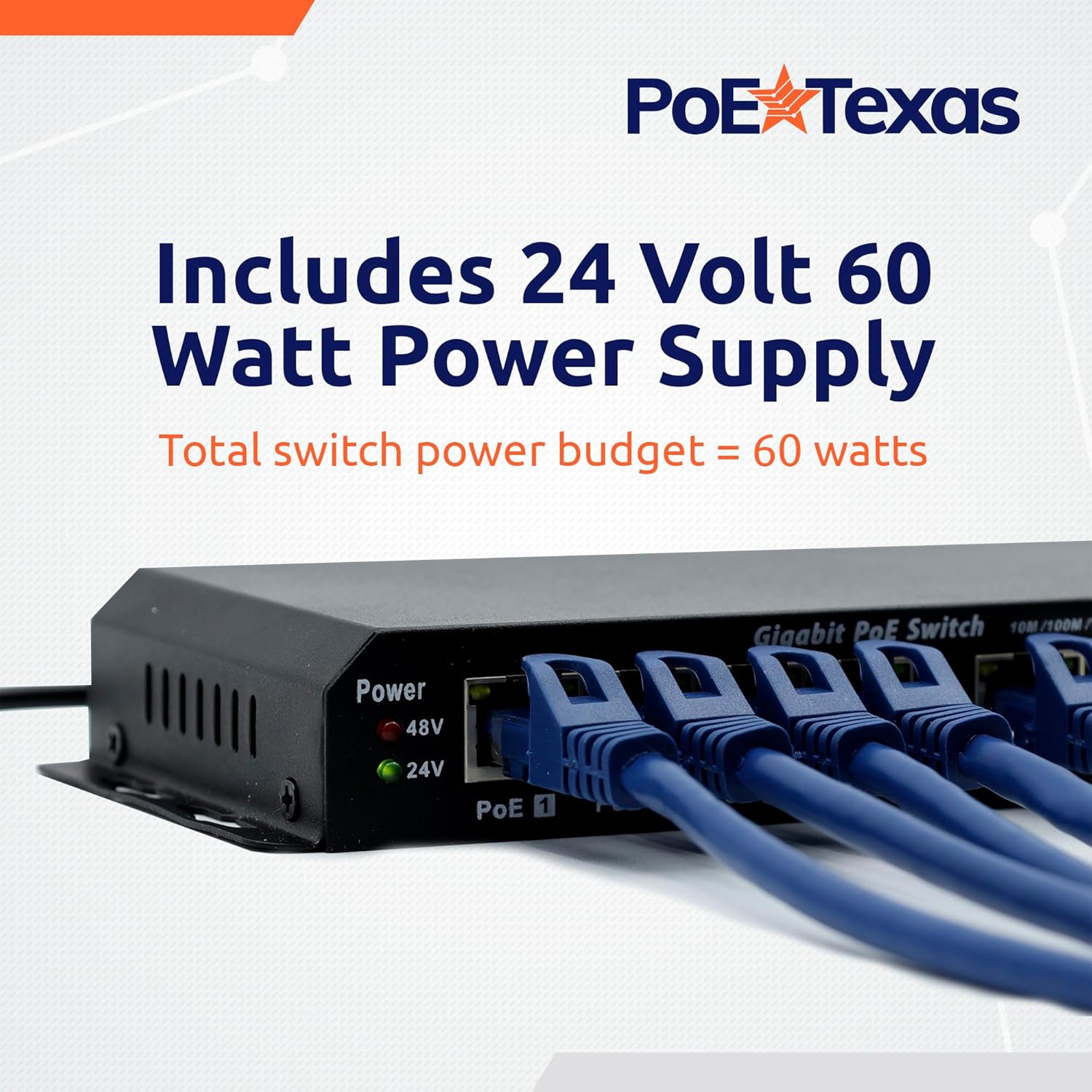 PoE Texas Switch 8 Port Gigabit PoE Switch with 24 Volt 60 Watt Power Supply