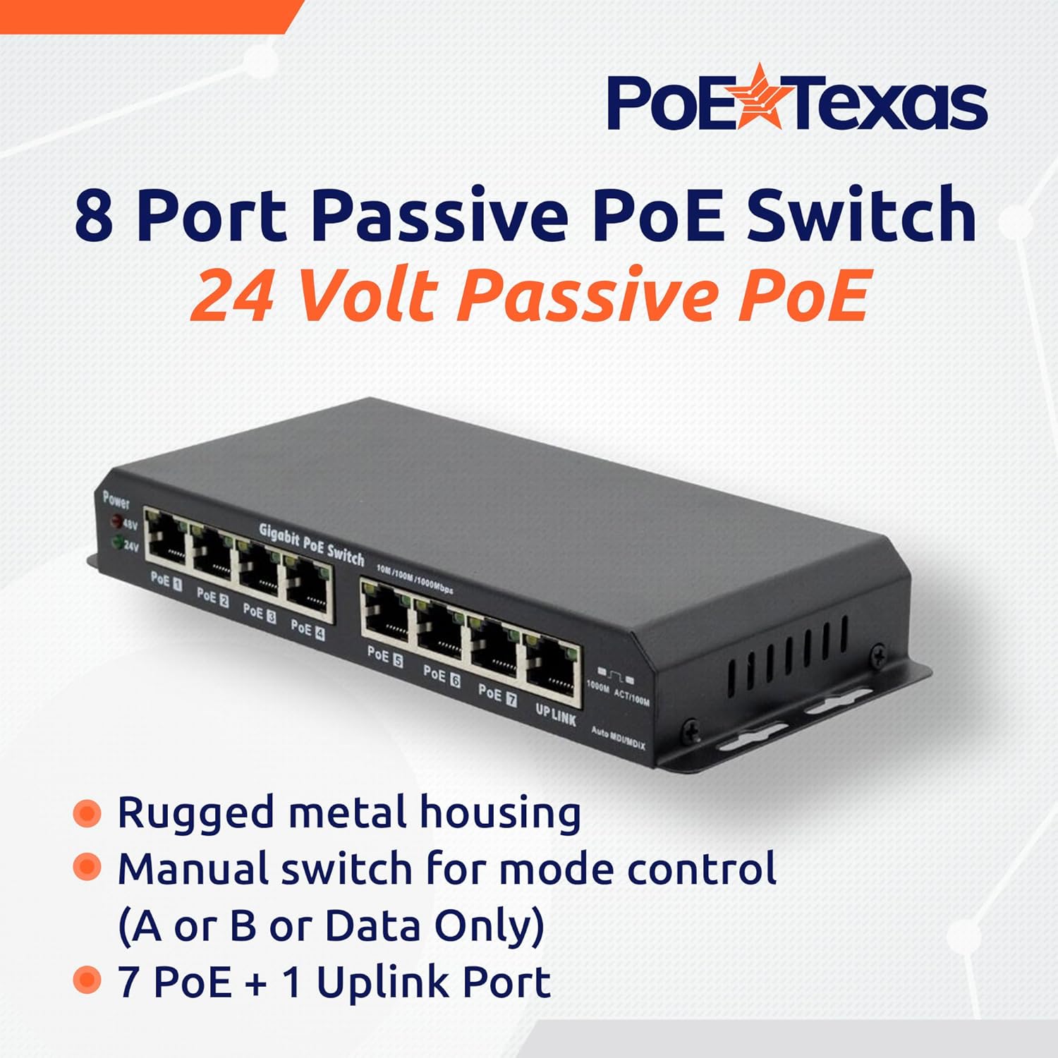 PoE Texas Switch 8 Port Gigabit PoE Switch with 24 Volt 60 Watt Power Supply