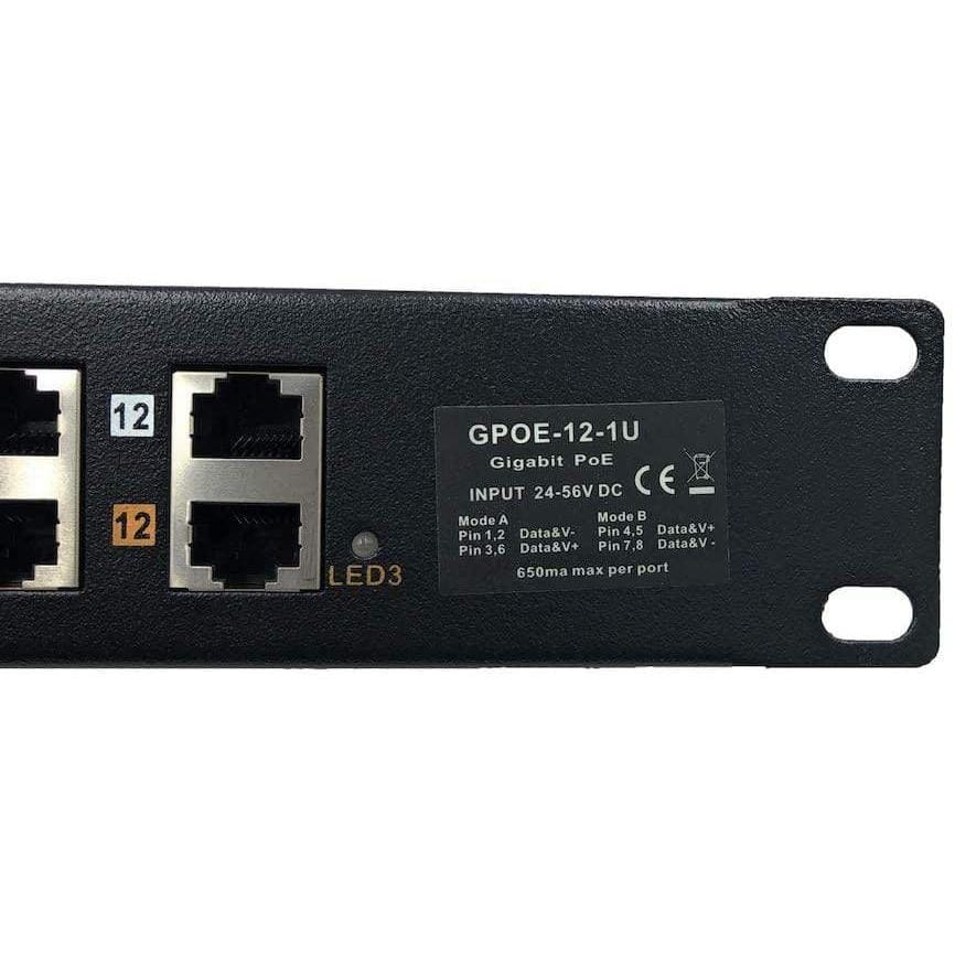 PoE Texas Injector 12-Port Gigabit Passive Rack Mount PoE Injector with 48 Volt 120 Watt Power Supply