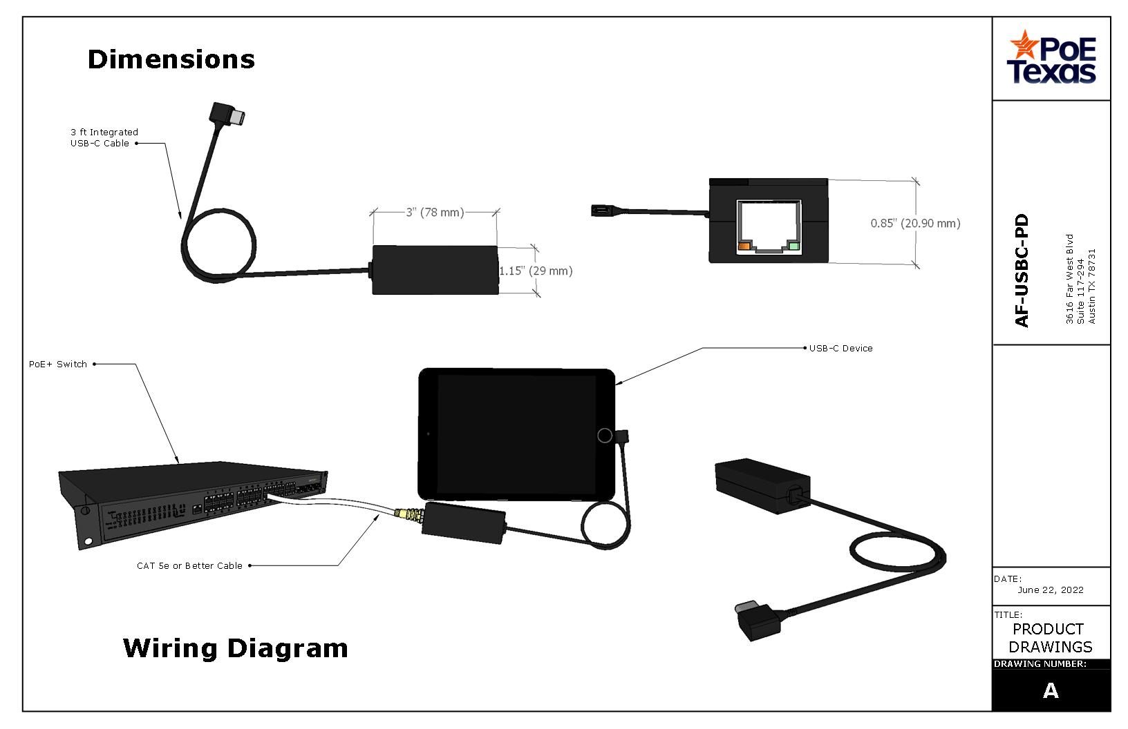 PoE Texas Splitter IEEE 802.3af PoE to USB-C Power and Data with Power Delivery