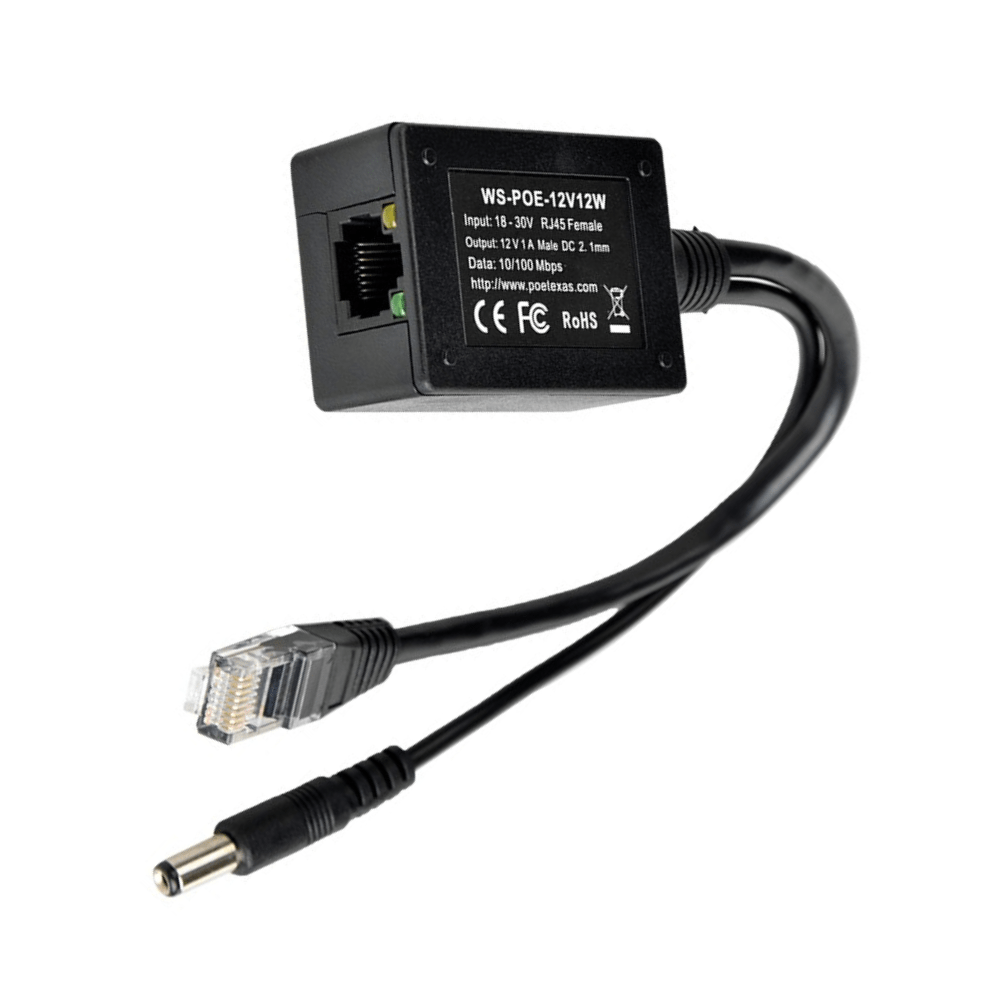 PoE Texas Splitter Inline Mode B PoE Splitter with 12 Volt 12 Watt Output and Divided 10/100 Data Capability