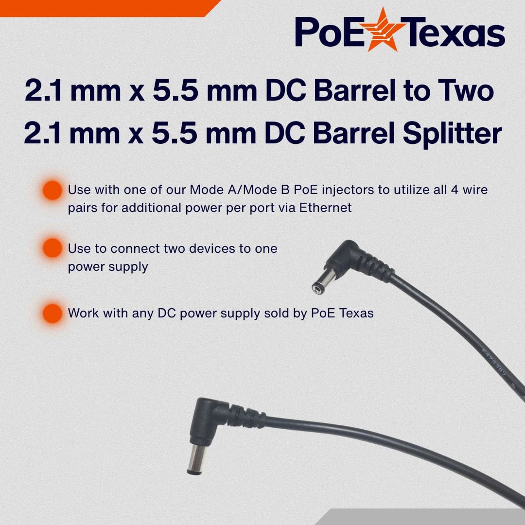 PoE Texas Accessories 2.1 mm x 5.5 mm DC Barrel to Two 2.1 mm x 5.5 mm DC Barrel Splitter