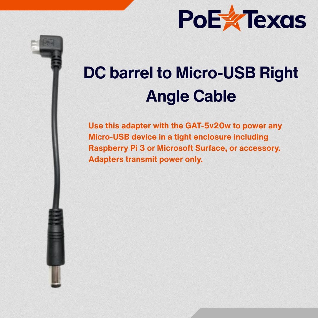 PoE Texas Accessories 2.1 x 5.5 mm DC barrel to Micro-USB Right Angle Cable