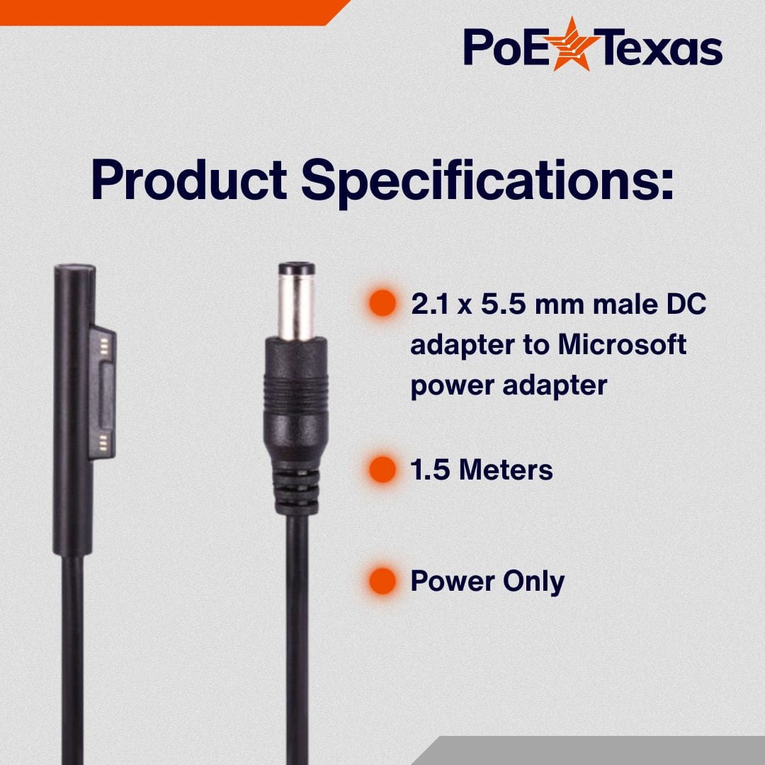 PoE Texas Accessories 2.1mm DC Barrel to Microsoft Surface Pro