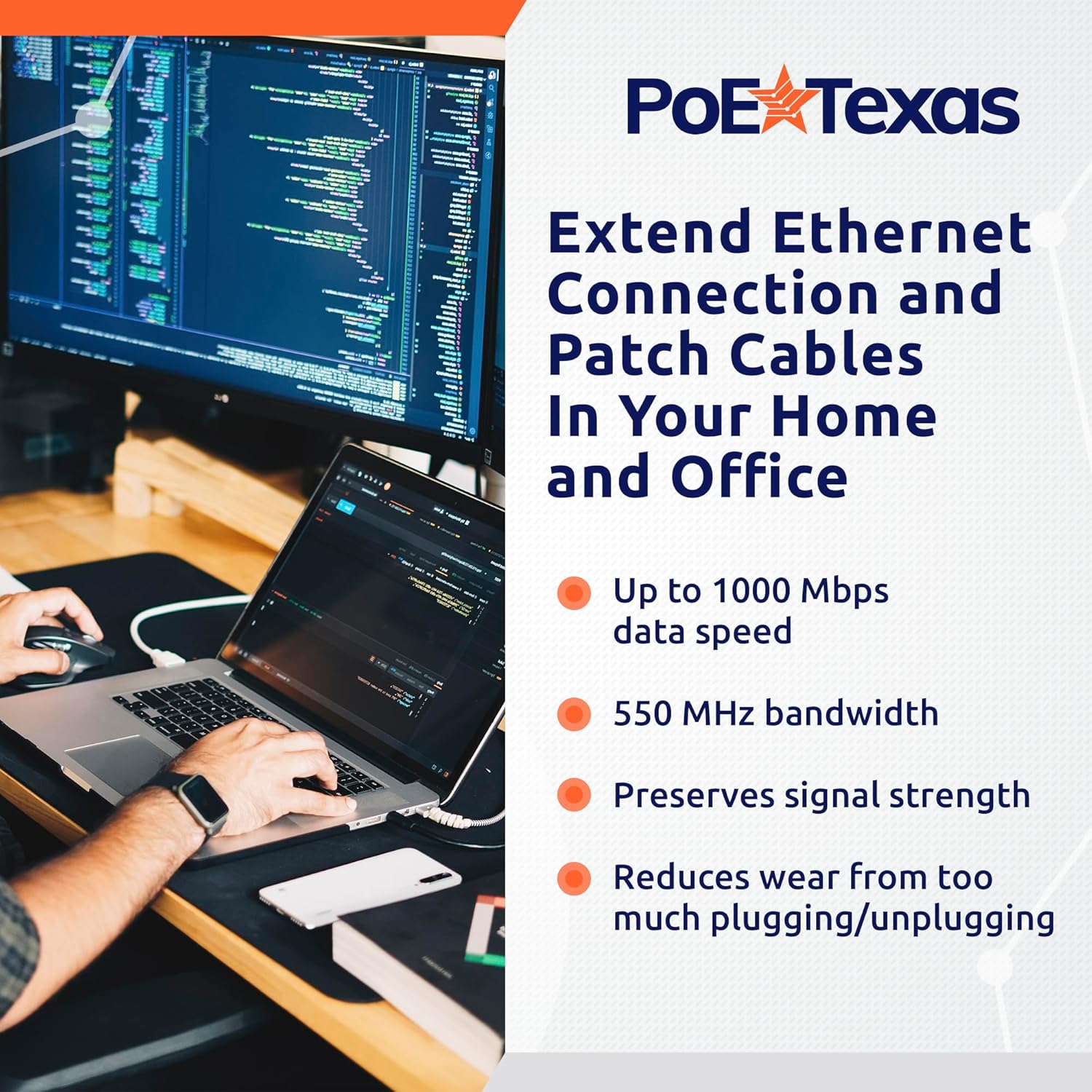 POE Texas Accessories CAT 6 Ethernet Extender Cable 3 ft Male to Female 2 Pack