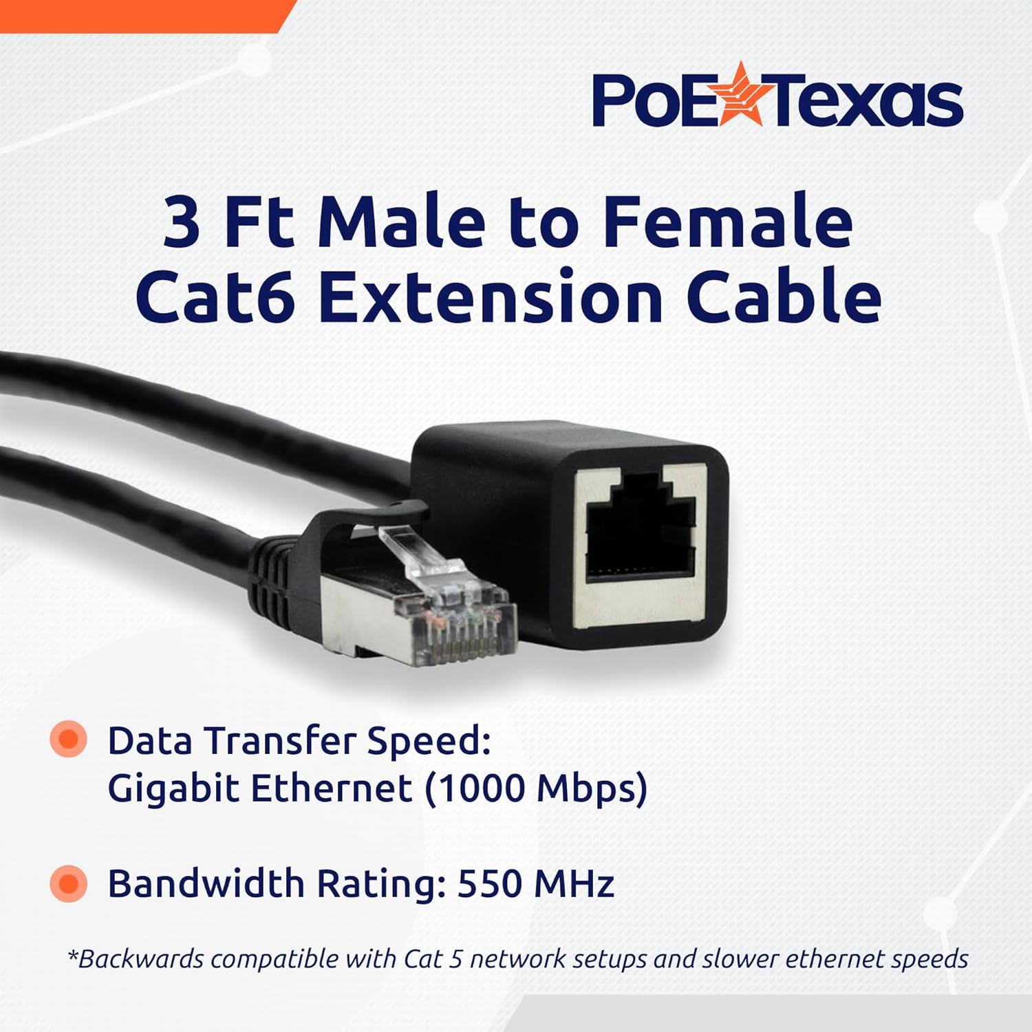 POE Texas Accessories CAT 6 Ethernet Extender Cable 3 ft Male to Female 2 Pack