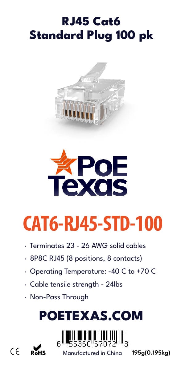 POE Texas Accessories CAT 6 RJ-45 Standard Connector 100 Pack