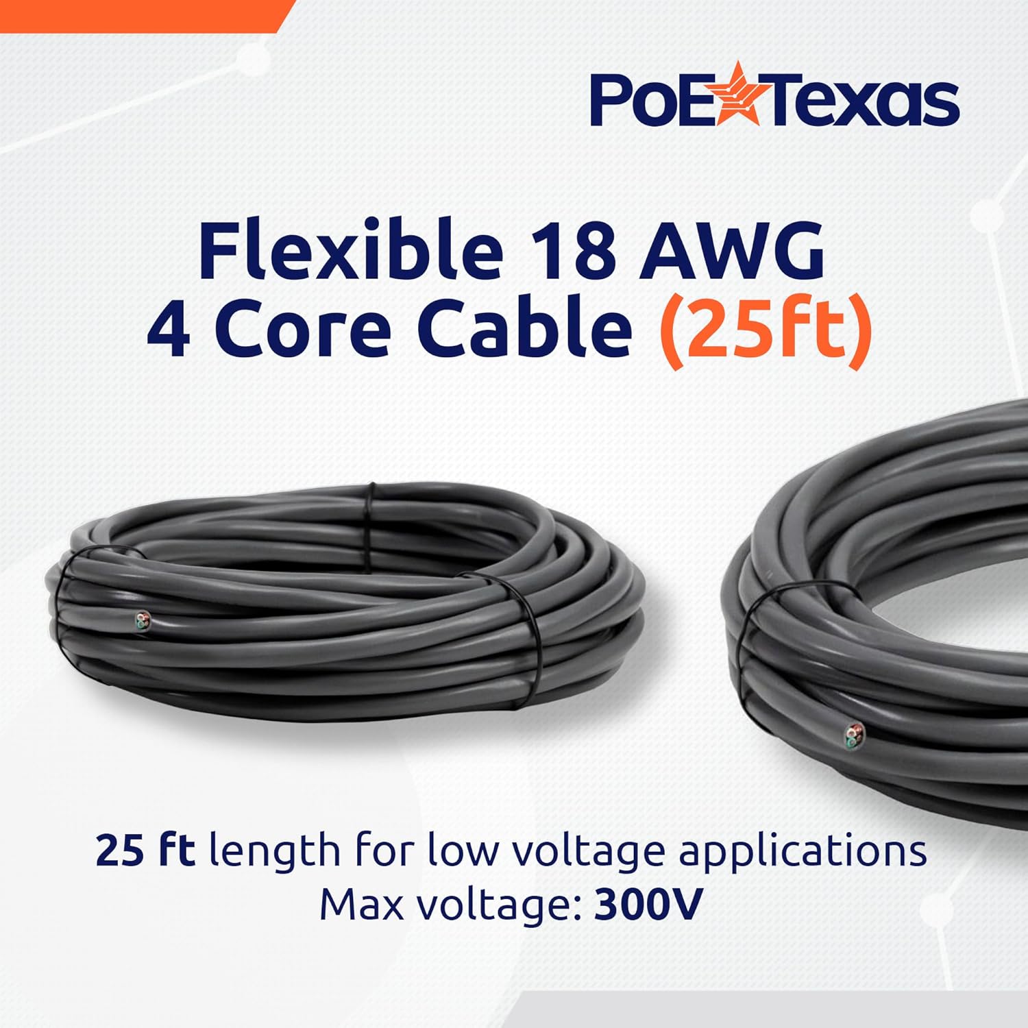 POE Texas Accessories Pre-cut Security/Audio Cable 10ft 18 AWG with 4 cores for low voltage applications