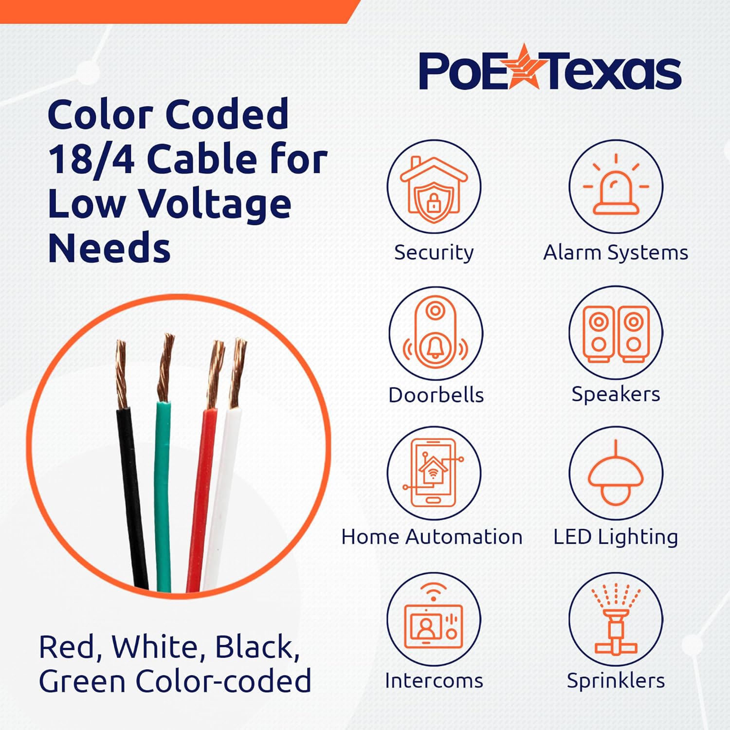 POE Texas Accessories Pre-cut Security/Audio Cable 10ft 18 AWG with 4 cores for low voltage applications
