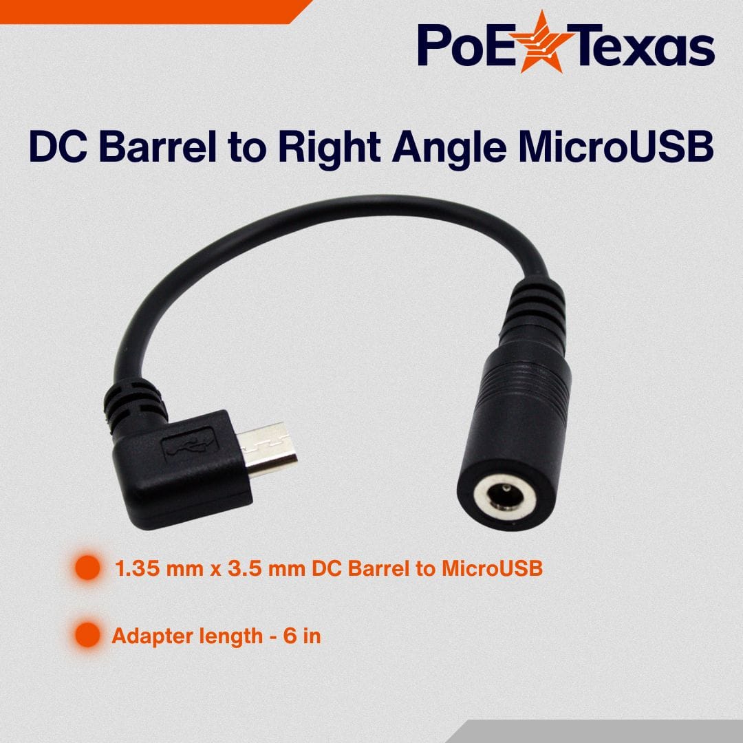 POE Texas Cable 1.35 mm x 3.5 mm DC Barrel to Right Angle MicroUSB