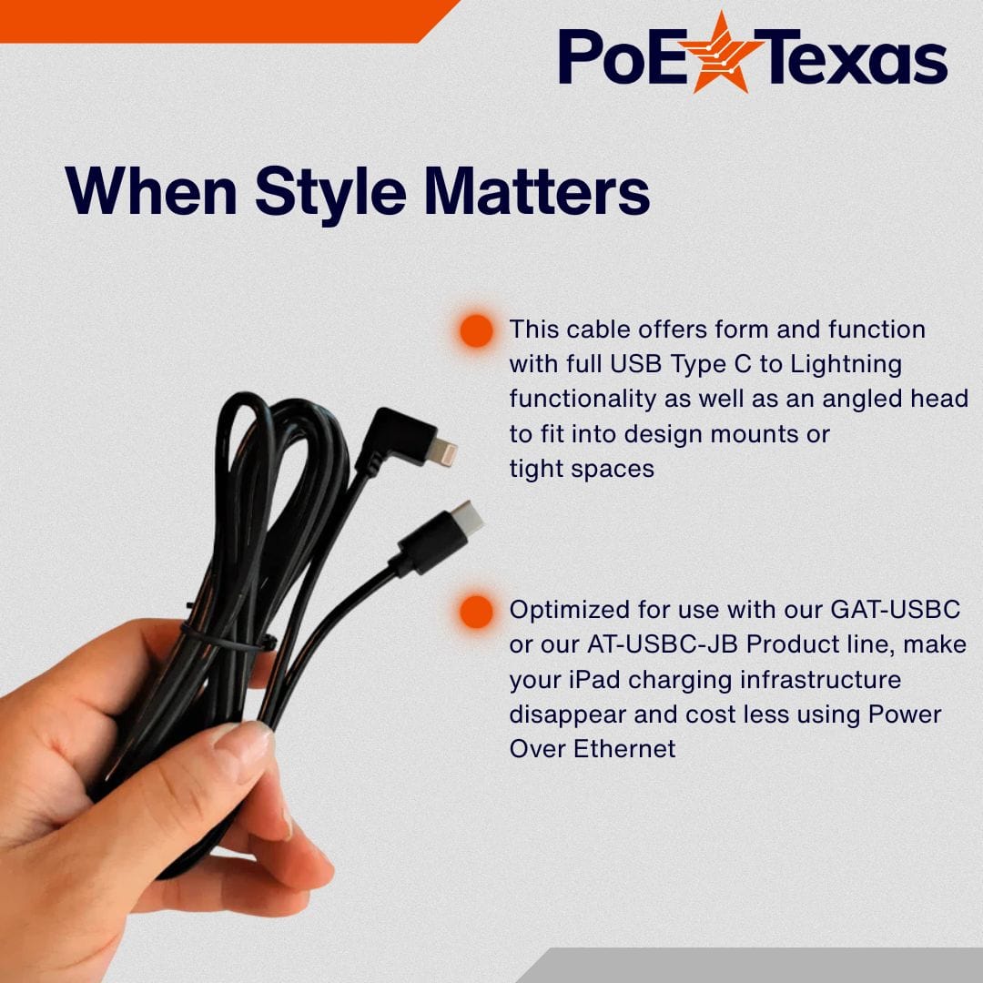 POE Texas Cable USB-C to Lightning Right Angle Cable - 2.5 Meters
