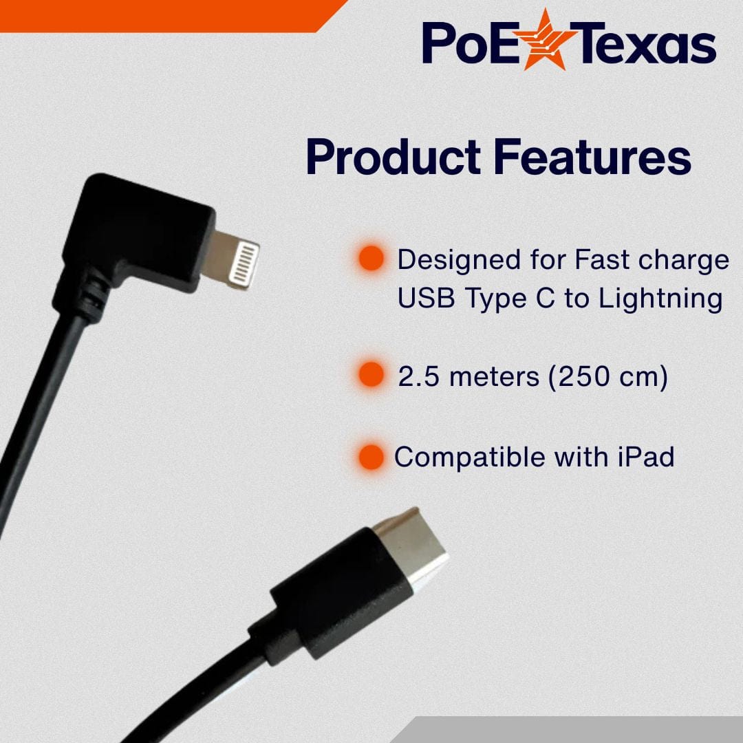 POE Texas Cable USB-C to Lightning Right Angle Cable - 2.5 Meters