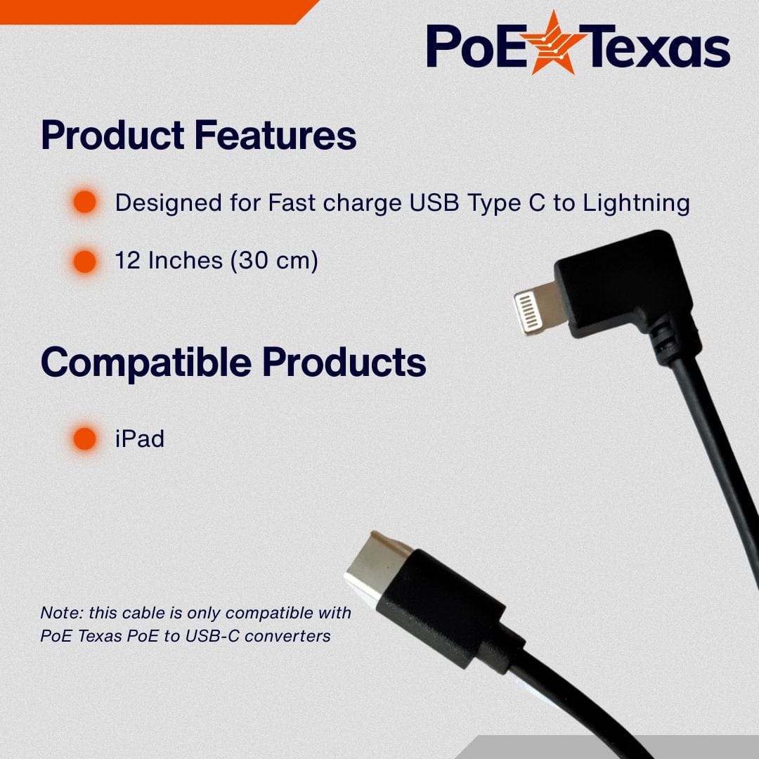 POE Texas Cable USB-C to Lightning Right Angle Cable - 30 Centimeters