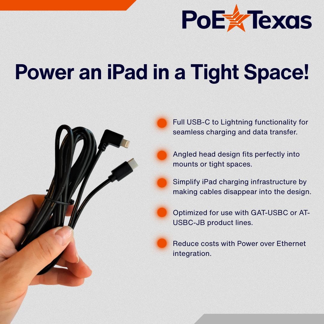 POE Texas Cable USB-C to Lightning Right Angle Cable - 30 Centimeters