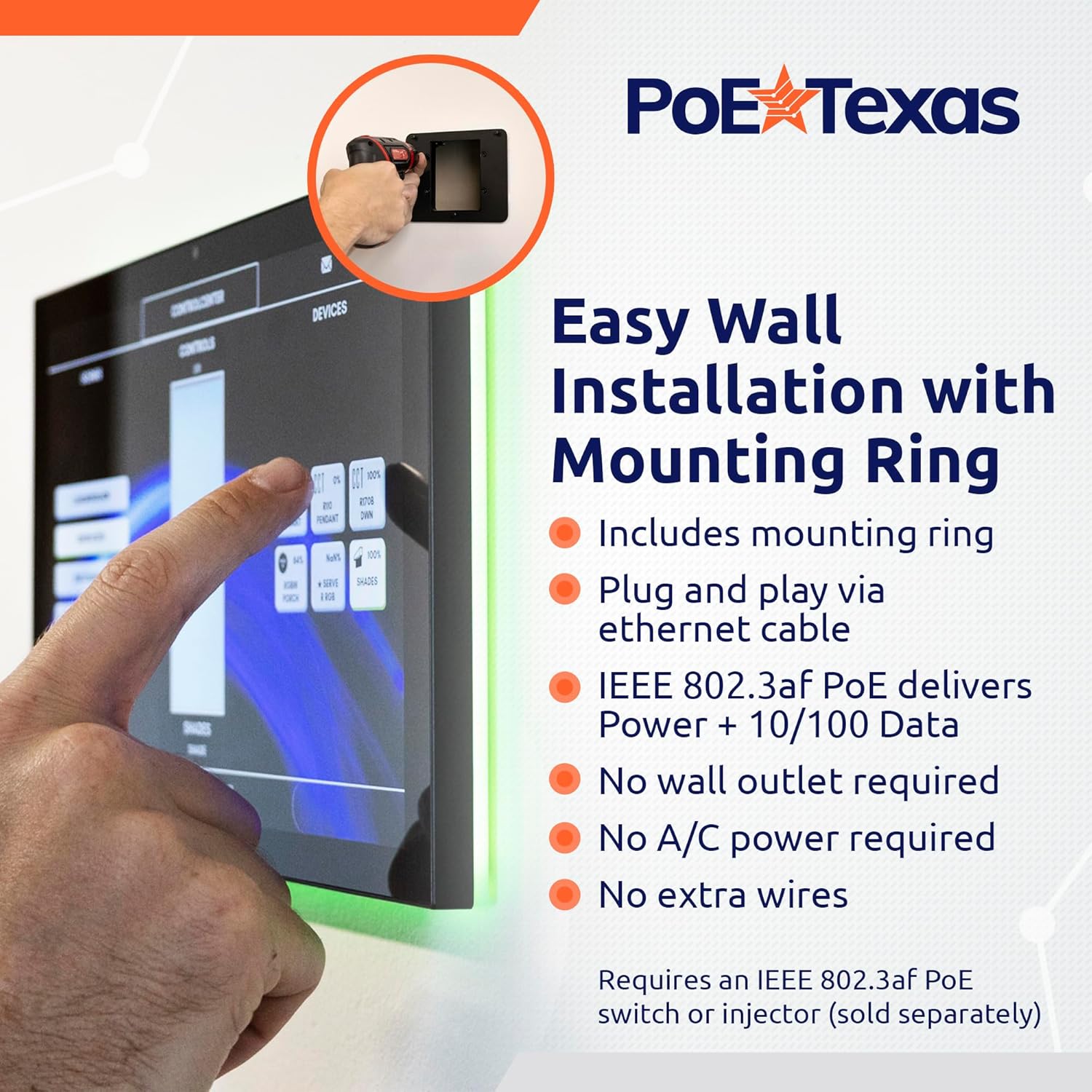 PoE Texas Display 10" Touchscreen Room Scheduler with Highly Visible LED Ring and MeetingPortal App