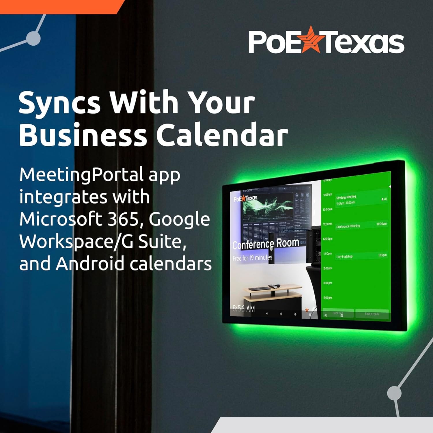 PoE Texas Display 10" Touchscreen Room Scheduler with Highly Visible LED Ring and MeetingPortal App