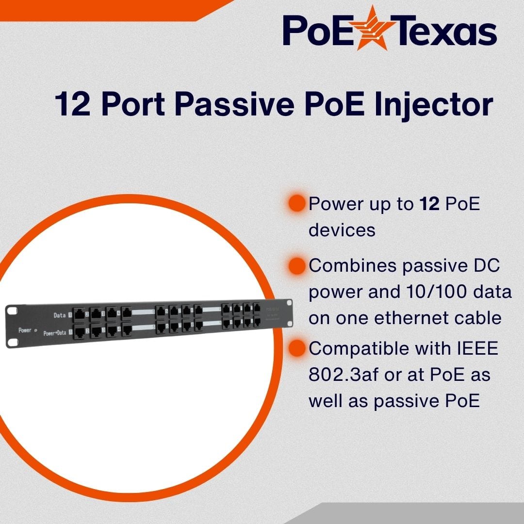 PoE Texas Injector 12 Port 10/100 Mbps Mode B Rack Mount 12 Port Injector