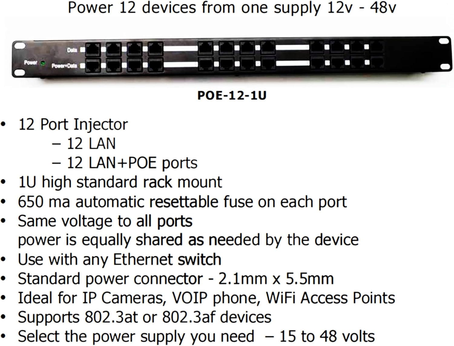 PoE Texas Injector 12-Port 10/100, Mode B, Rack Mount PoE Injector with 24 Volt 60 Watt Power Supply