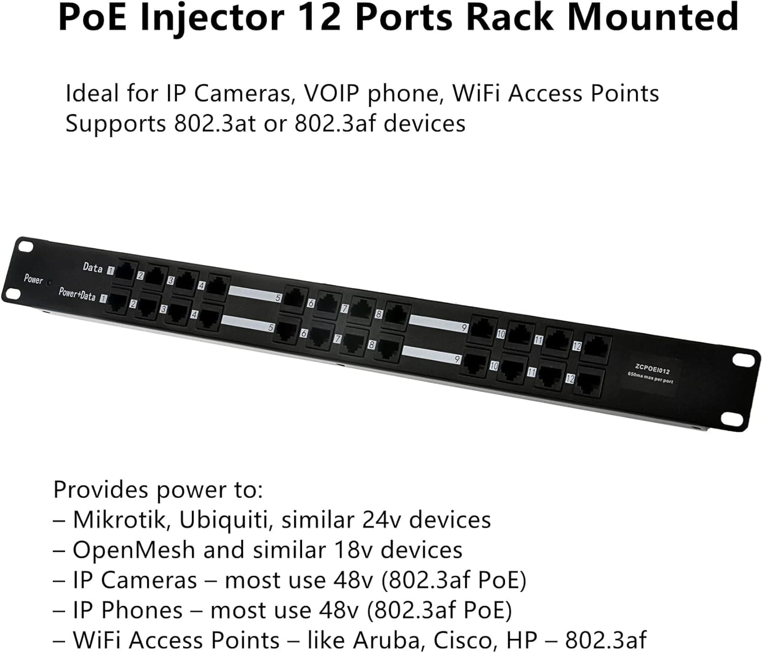 PoE Texas Injector 12-Port 10/100, Mode B, Rack Mount PoE Injector with 24 Volt 60 Watt Power Supply