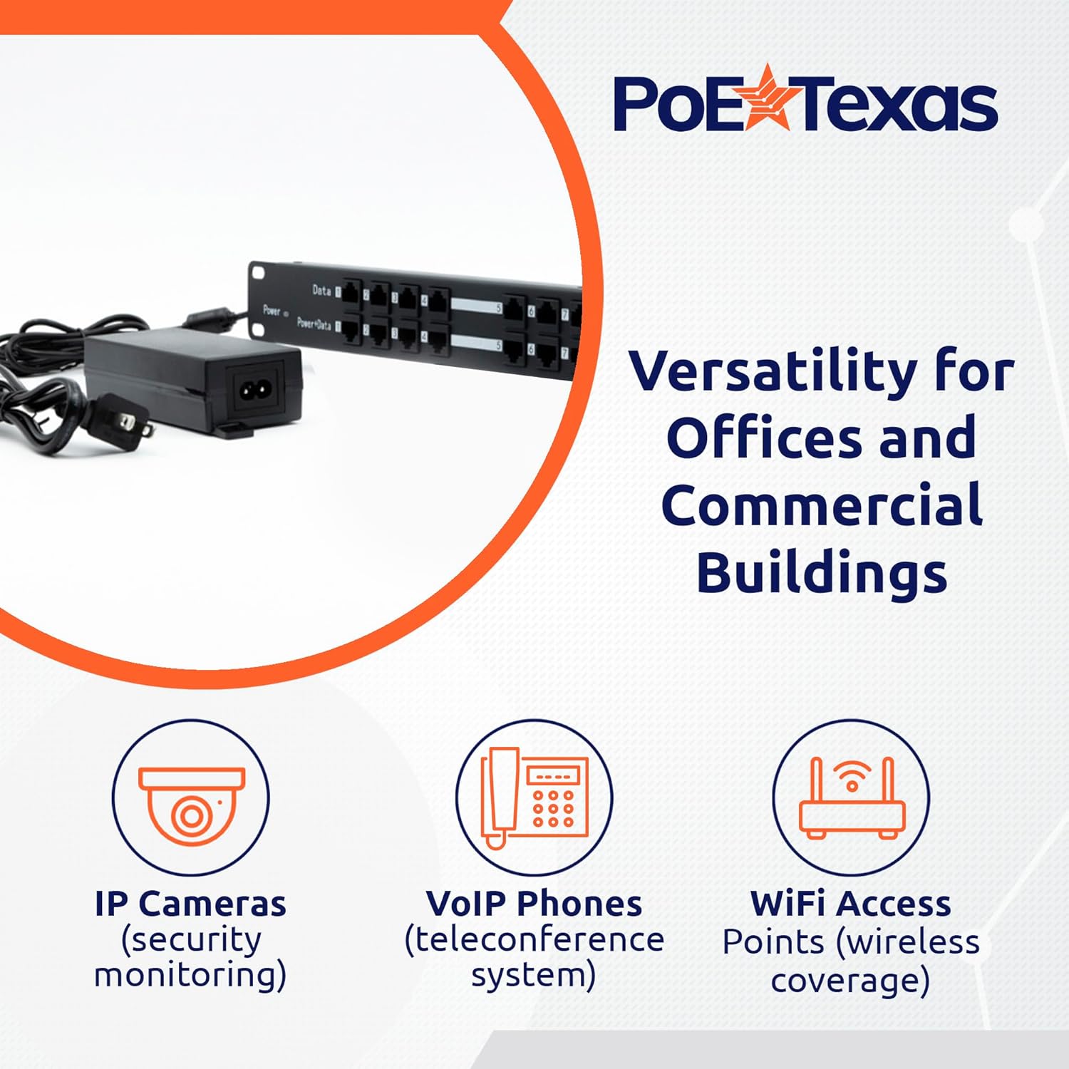 PoE Texas Injector 12-Port 10/100, Mode B, Rack Mount PoE Injector with 48 Volt 120 Watt Power Supply