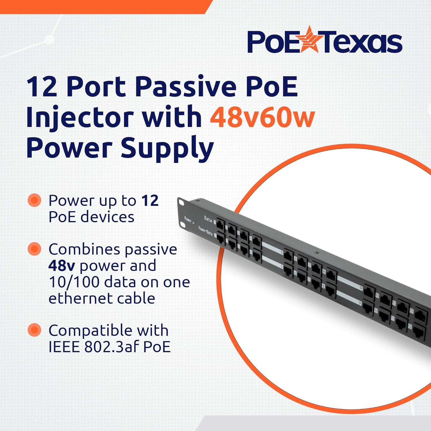 PoE Texas Injector 12 Port 10/100 Mode B Rack Mount PoE Injector with 48 Volt 60 Watt Power Supply