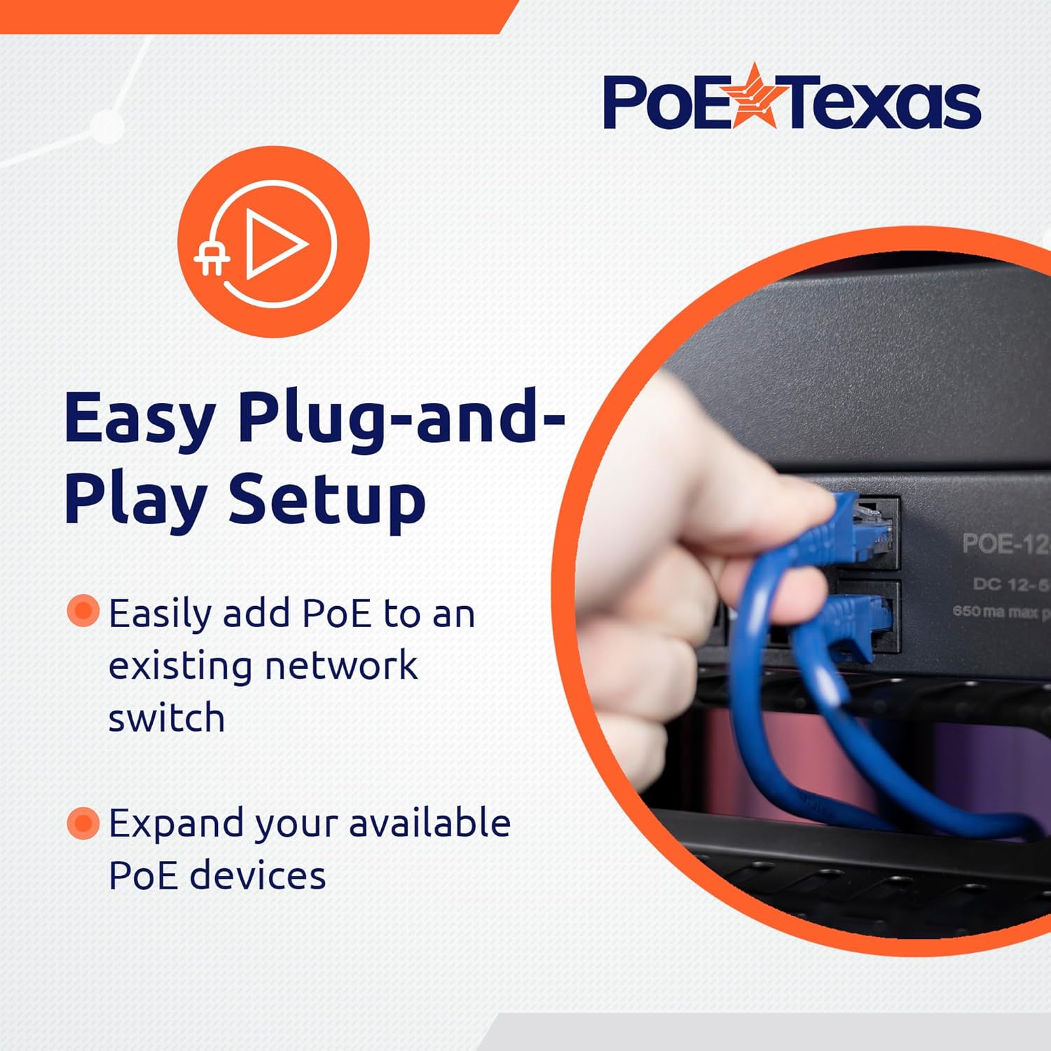 PoE Texas Injector 12 Port 10/100 Mode B Rack Mount PoE Injector with 48 Volt 60 Watt Power Supply