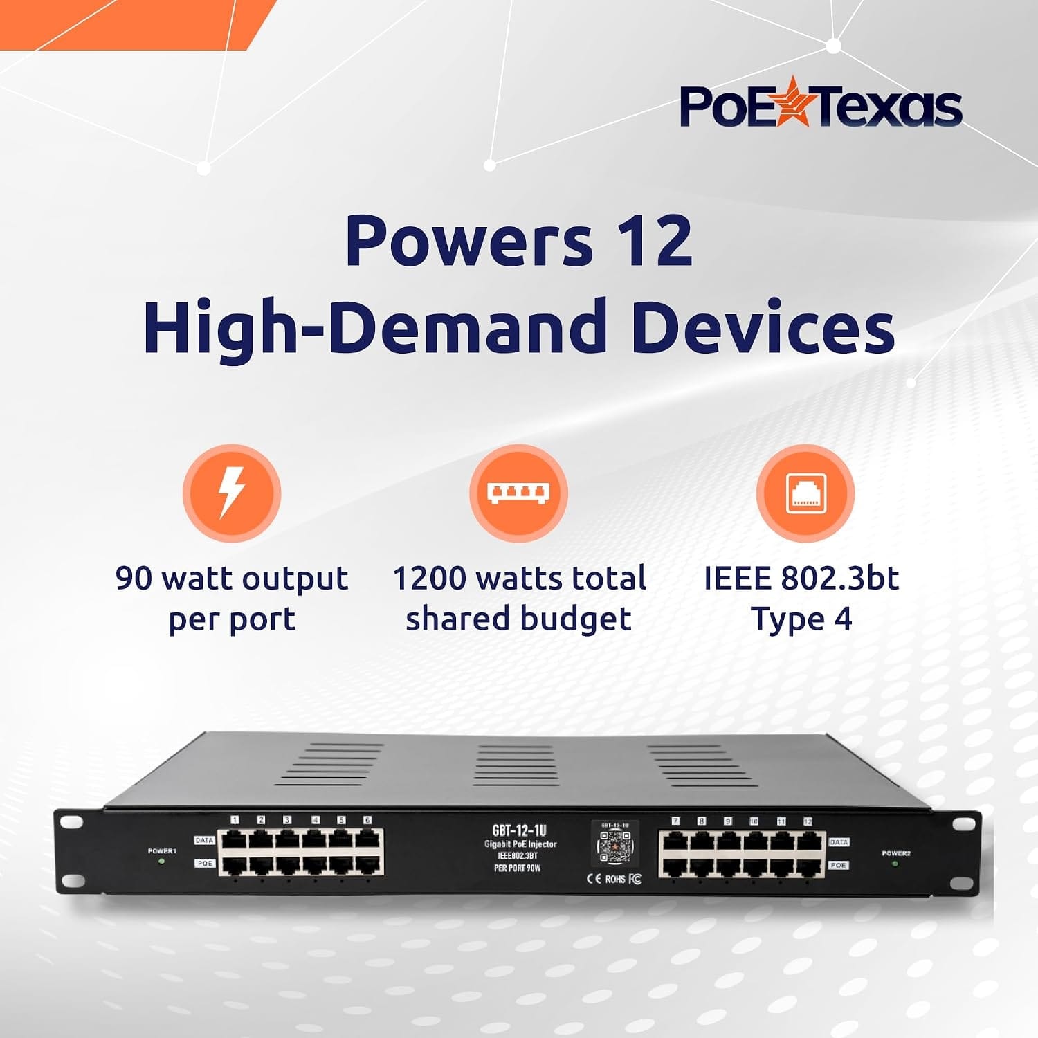 PoE Texas Injector 12 Port 2.5 Gigabit PoE++ Injector with a 53 Volt 1200 Watt Power Supply