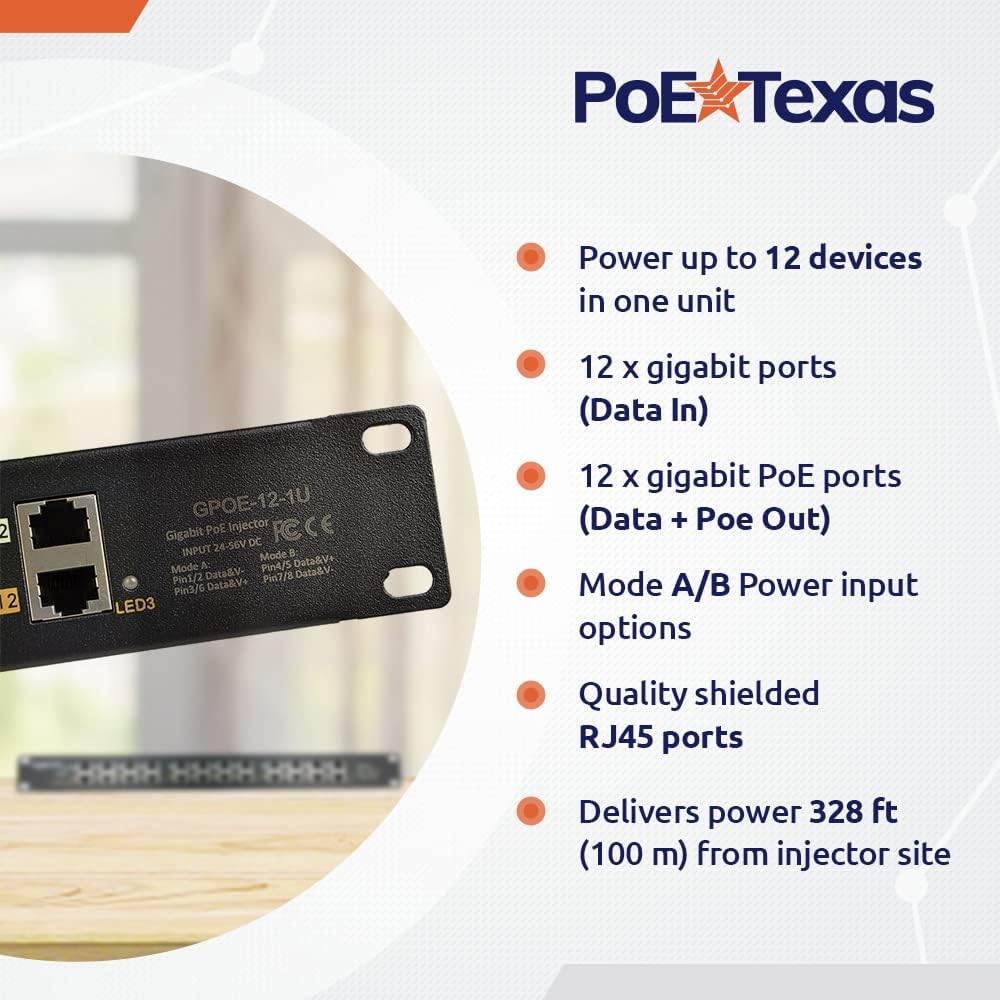 PoE Texas Injector 12 Port Gigabit Passive Mode A/B Rack Mount PoE Injector