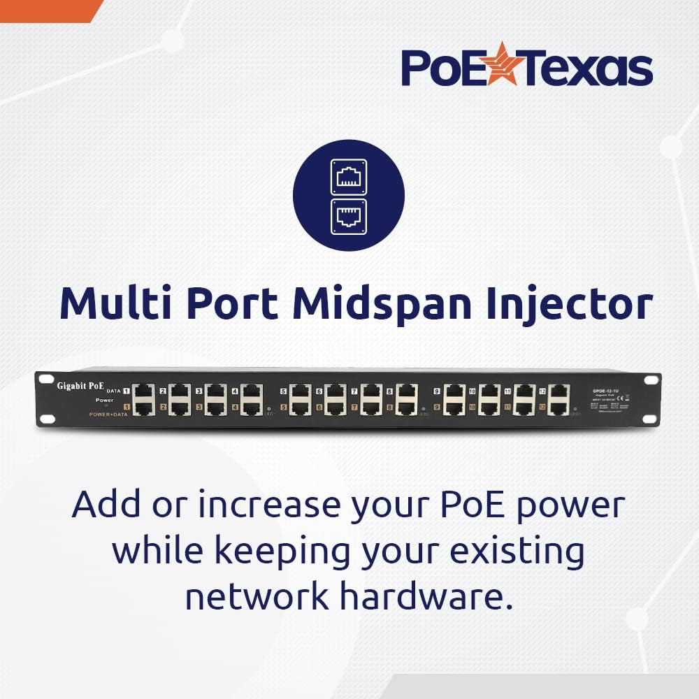 PoE Texas Injector 12 Port Gigabit Passive Mode A/B Rack Mount PoE Injector