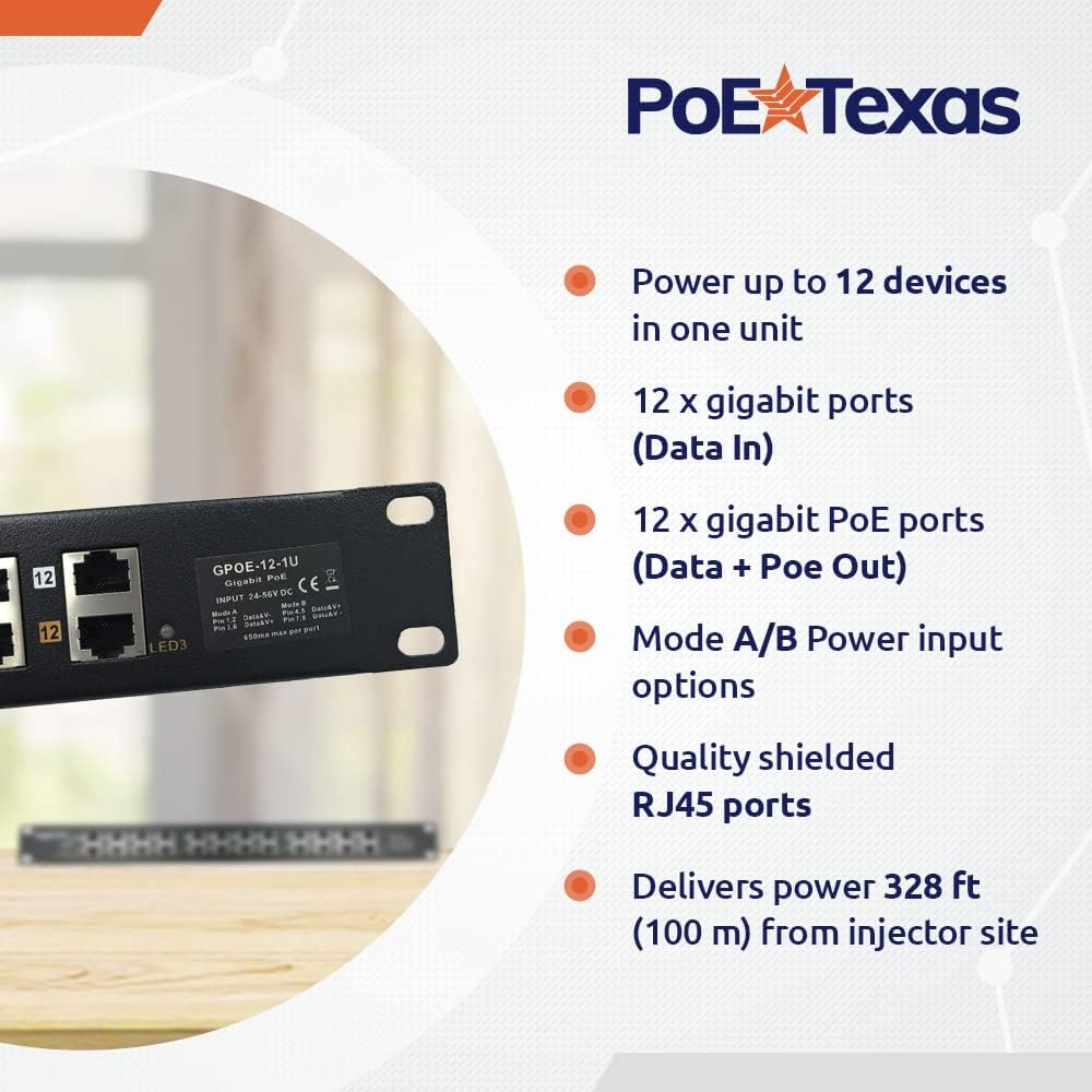 PoE Texas Injector 12-Port Gigabit Passive Rack Mount PoE Injector with 48 Volt 120 Watt Power Supply