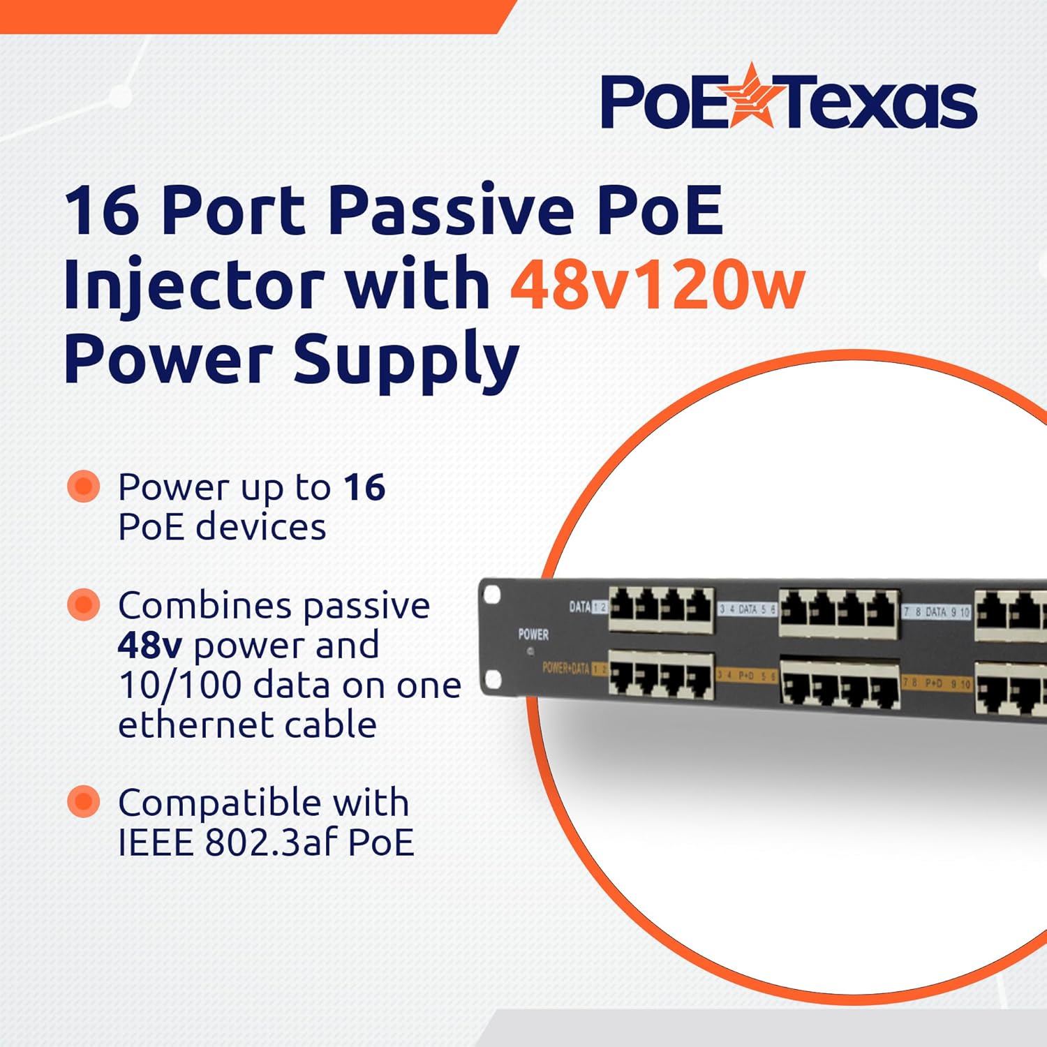 PoE Texas Injector 16-Port 10/100, Mode B, Rack Mount PoE Injector with 48 Volt 120 Watt Power Supply