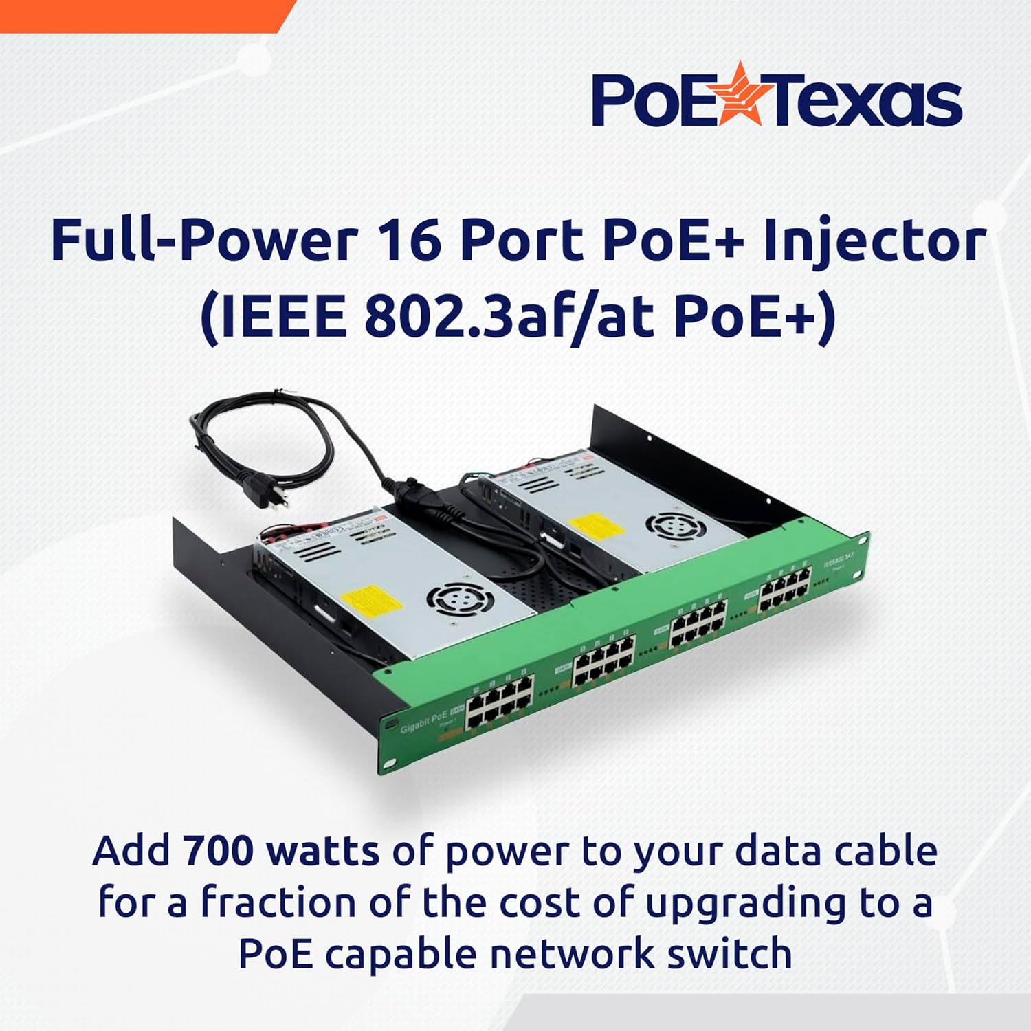 PoE Texas Injector 16 Port Active PoE Injector with 48 Volt 700 Watt Power Supply