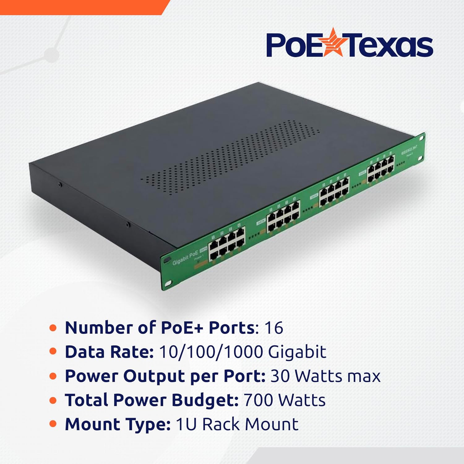 PoE Texas Injector 16 Port Active PoE Injector with 48 Volt 700 Watt Power Supply