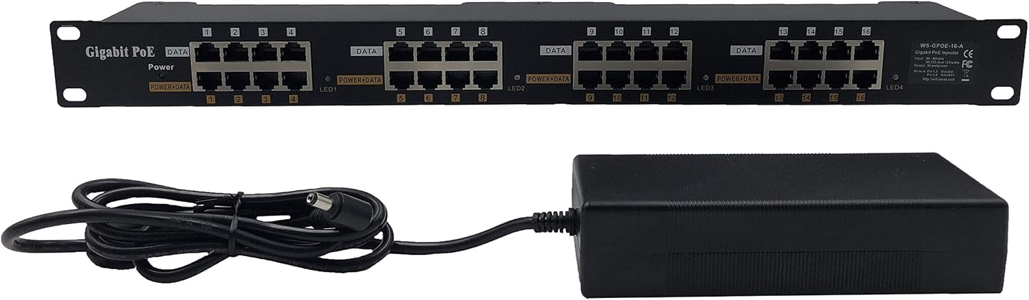 PoE Texas Injector 16 Port Gigabit PoE Injector, Mode A, Rack Mount with 48V 120W Power Supply