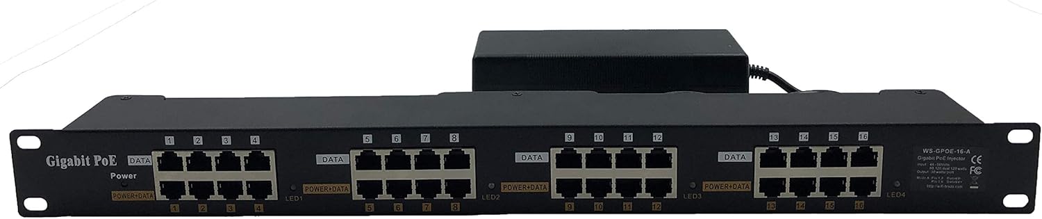 PoE Texas Injector 16 Port Gigabit PoE Injector, Mode A, Rack Mount with 48V 120W Power Supply