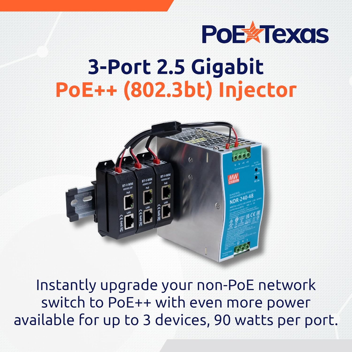 PoE Texas Injector 2.5 Gigabit PoE++ (802.3bt) 3-port Injector kit with 48 Volt 240 Watt Output with Power Supply