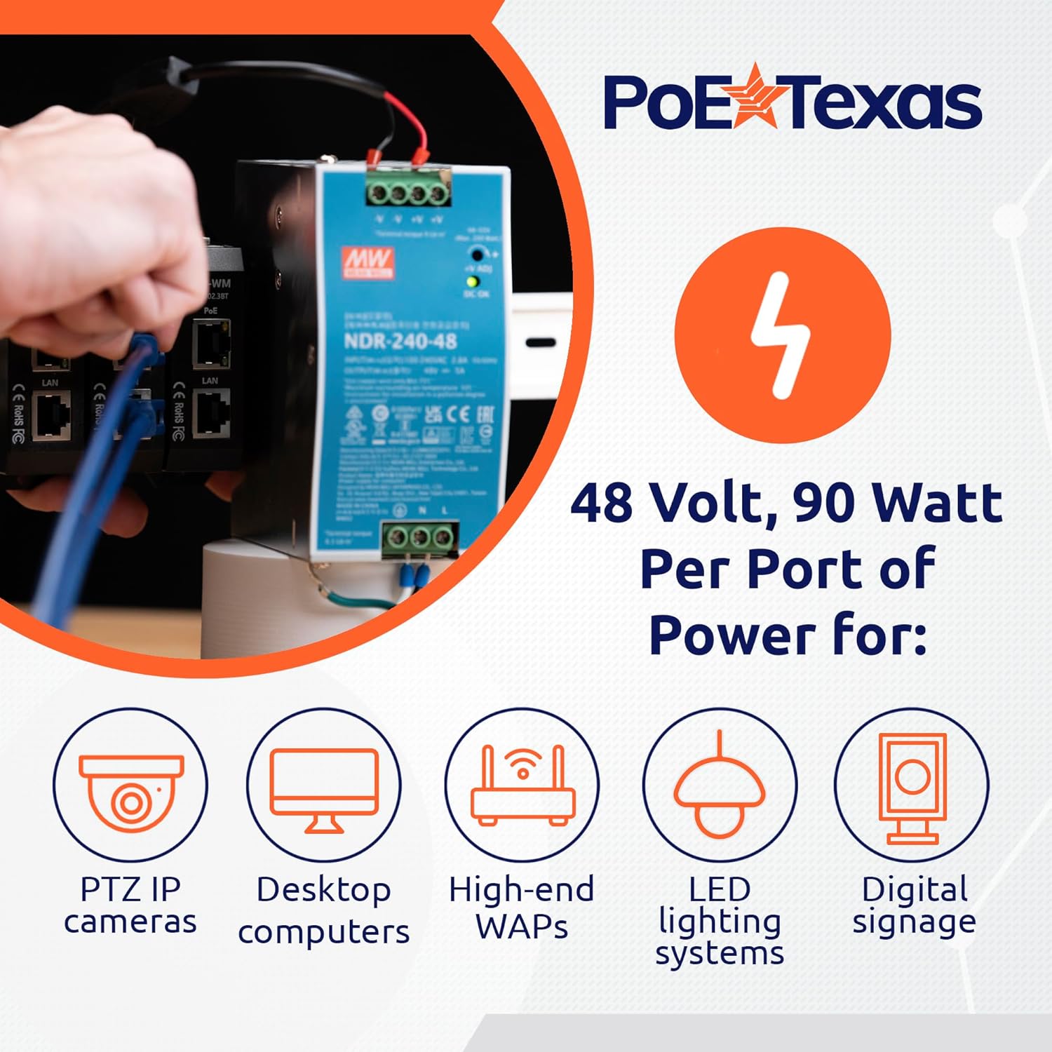 PoE Texas Injector 2.5 Gigabit PoE++ (802.3bt) 3-port Injector kit with 48 Volt 240 Watt Output with Power Supply