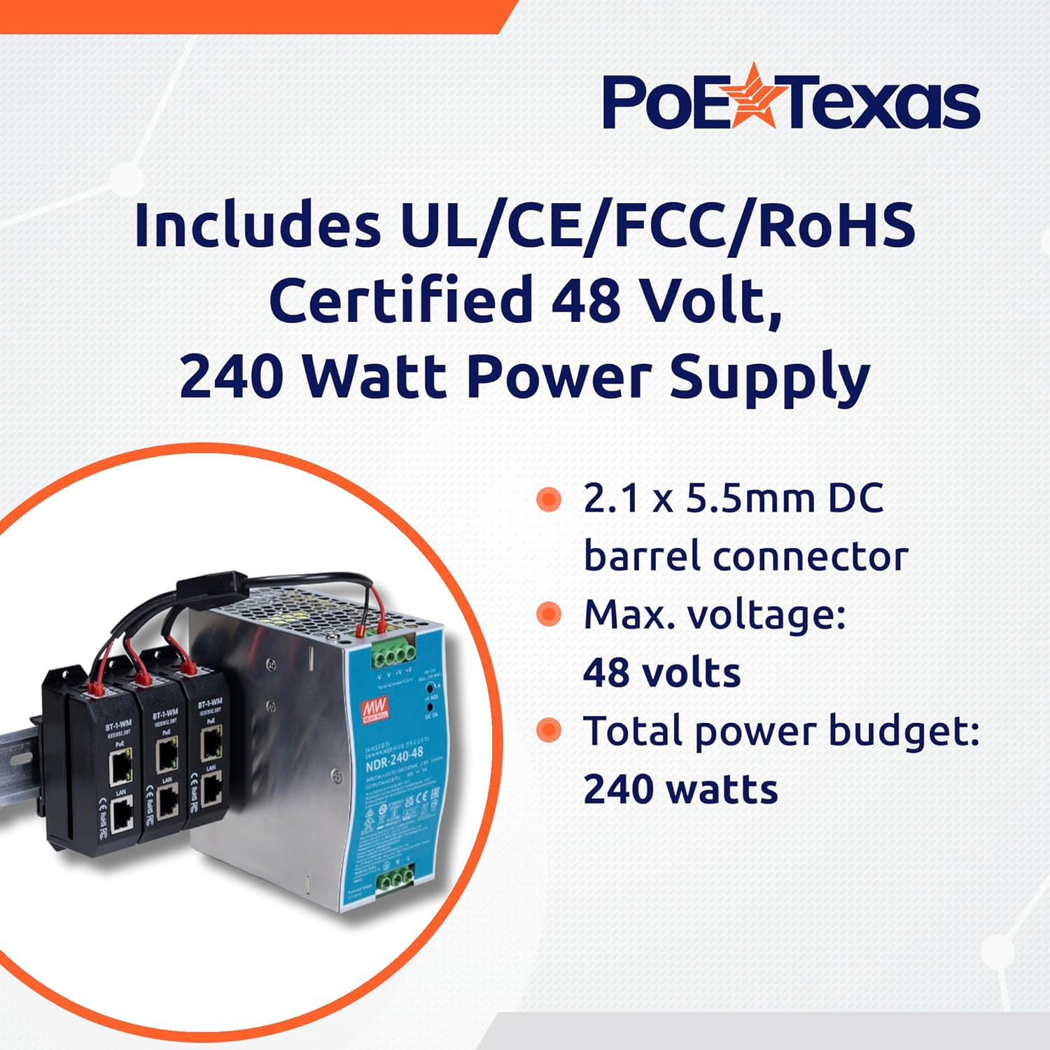 PoE Texas Injector 2.5 Gigabit PoE++ (802.3bt) 3-port Injector kit with 48 Volt 240 Watt Output with Power Supply