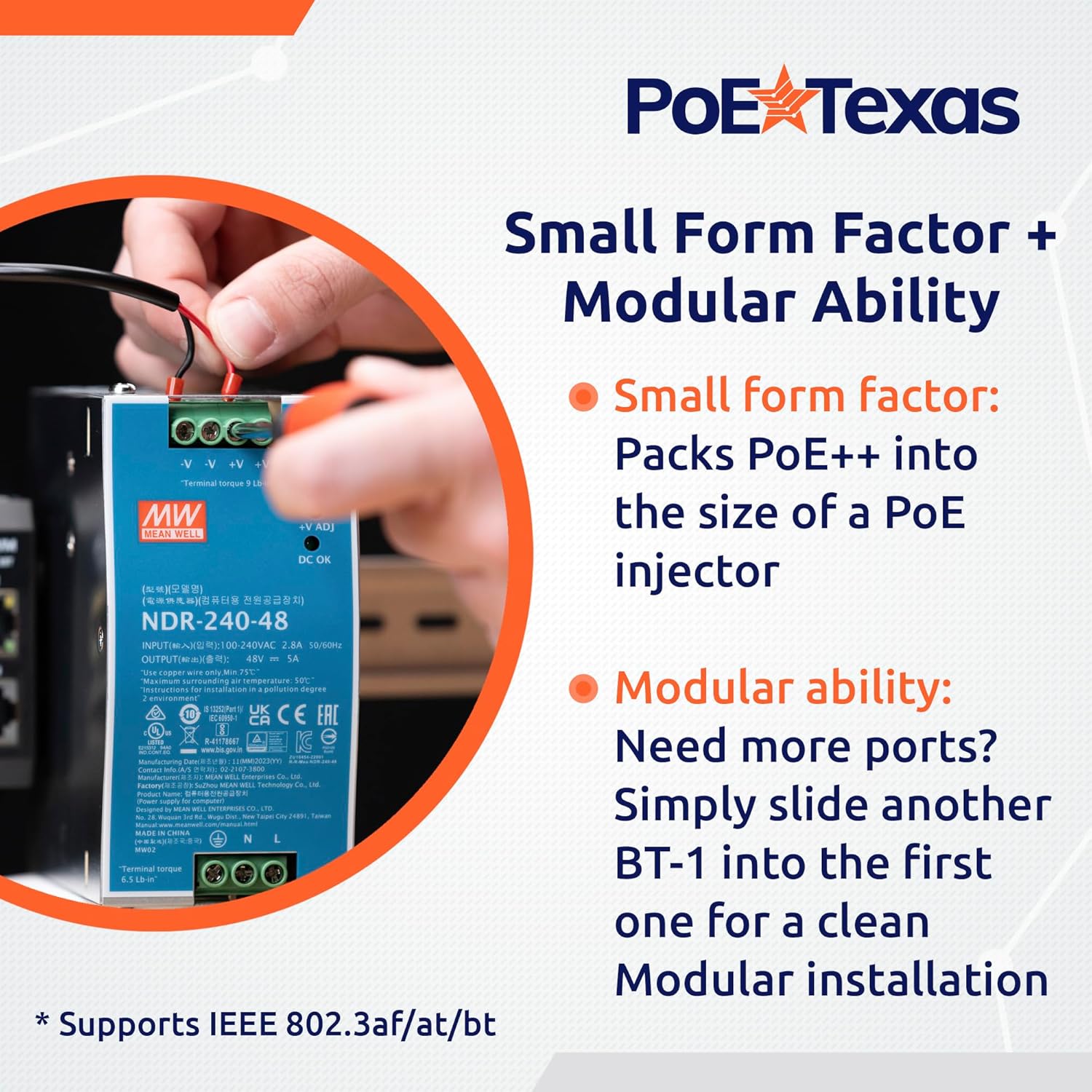 PoE Texas Injector 2.5 Gigabit PoE++ (802.3bt) 3-port Injector kit with 48 Volt 240 Watt Output with Power Supply