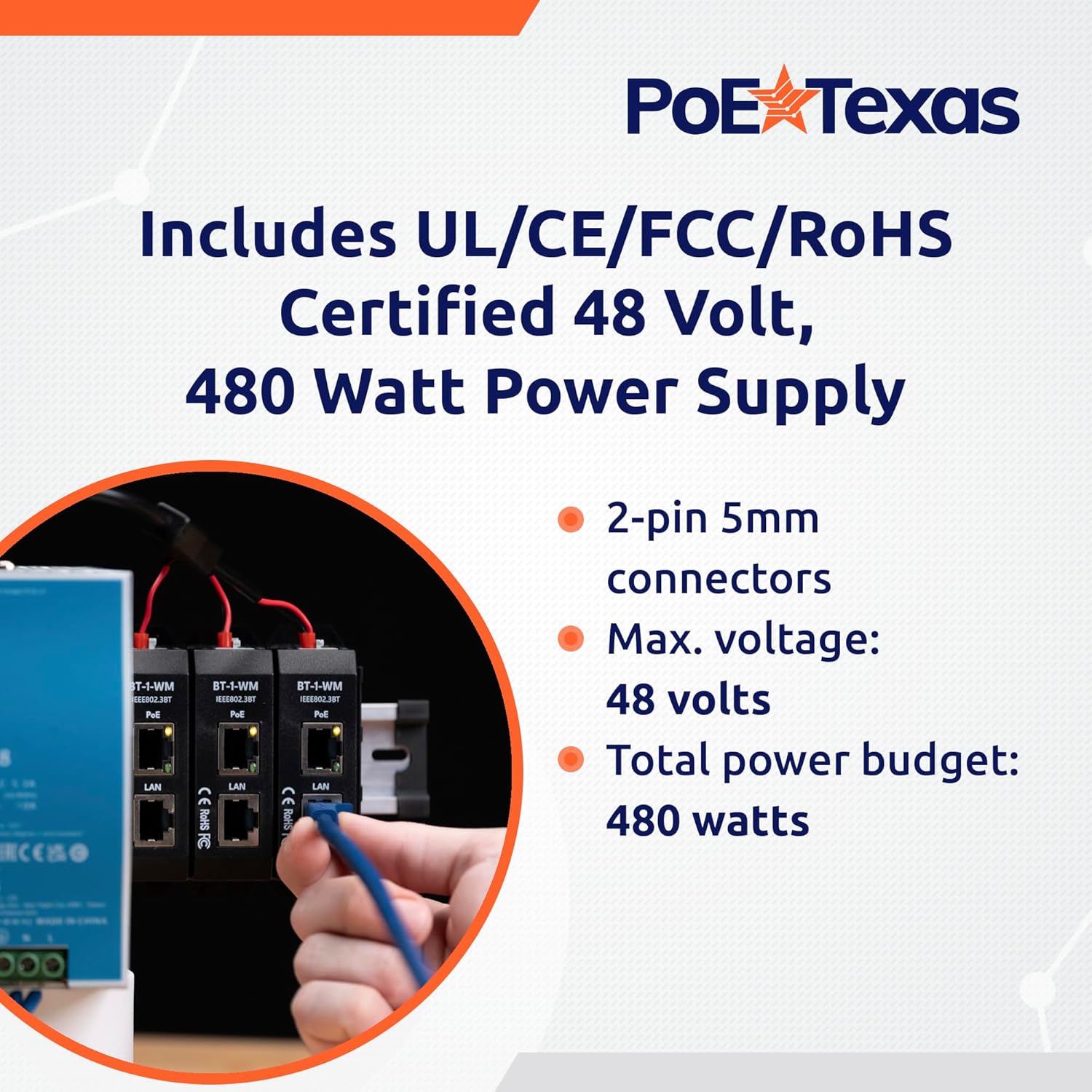 PoE Texas Injector 2.5 Gigabit PoE++ (802.3bt) 6-port Injector Kit with 48 Volt 480 Watt Output with Power Supply