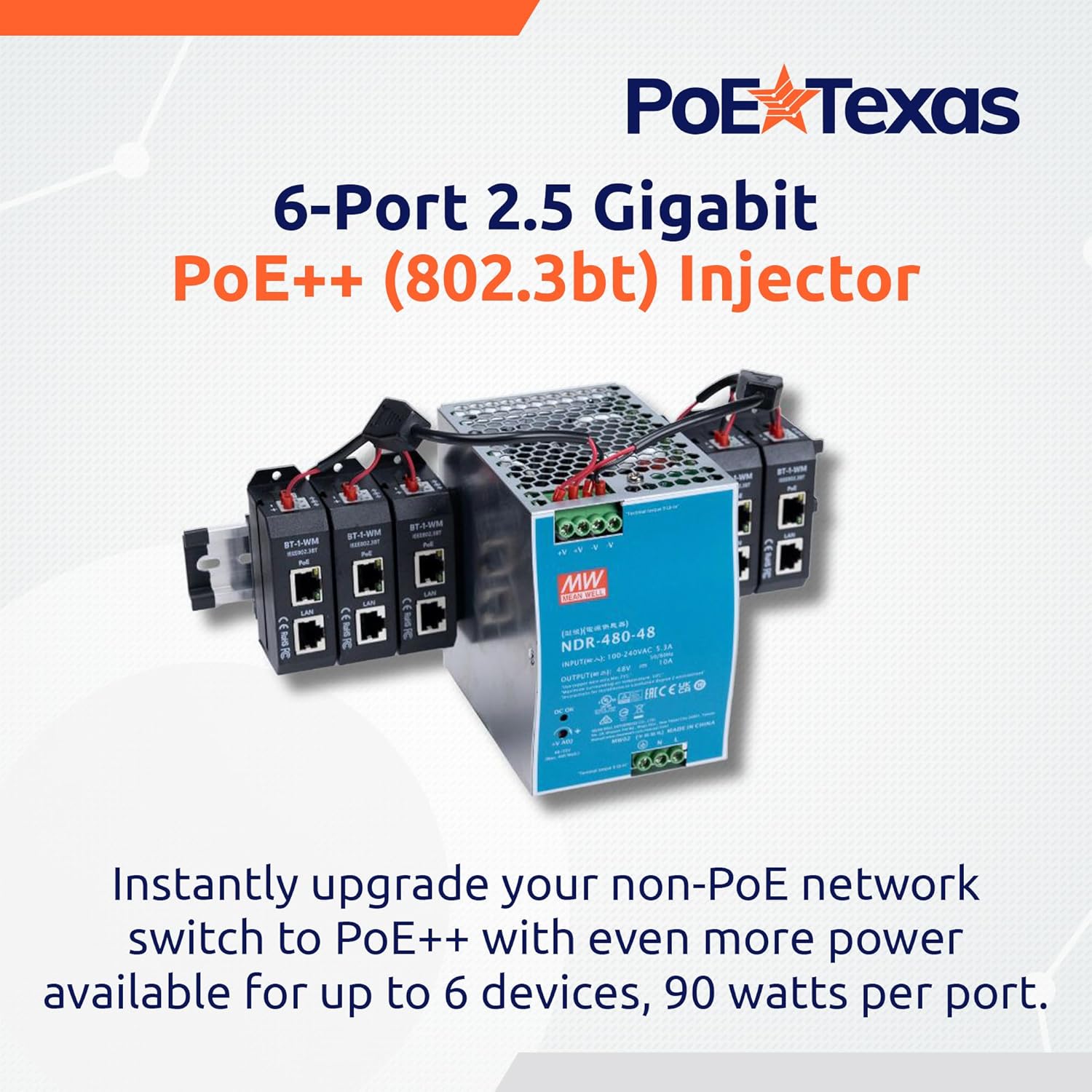 PoE Texas Injector 2.5 Gigabit PoE++ (802.3bt) 6-port Injector Kit with 48 Volt 480 Watt Output with Power Supply