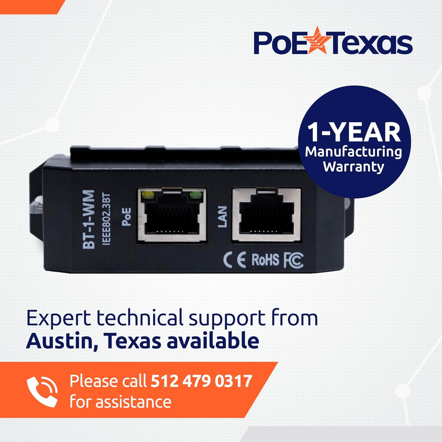 PoE Texas Injector 2.5 Gigabit PoE++ (802.3bt) 6-port Injector Kit with 48 Volt 480 Watt Output with Power Supply